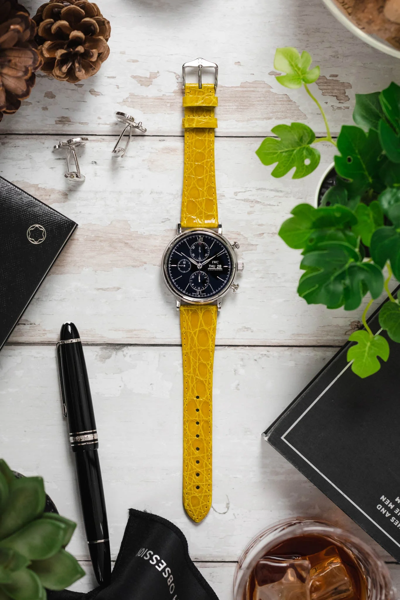 Hirsch GENUINE CROCO Shiny Crocodile Leather Watch Strap in YELLOW - Image 6