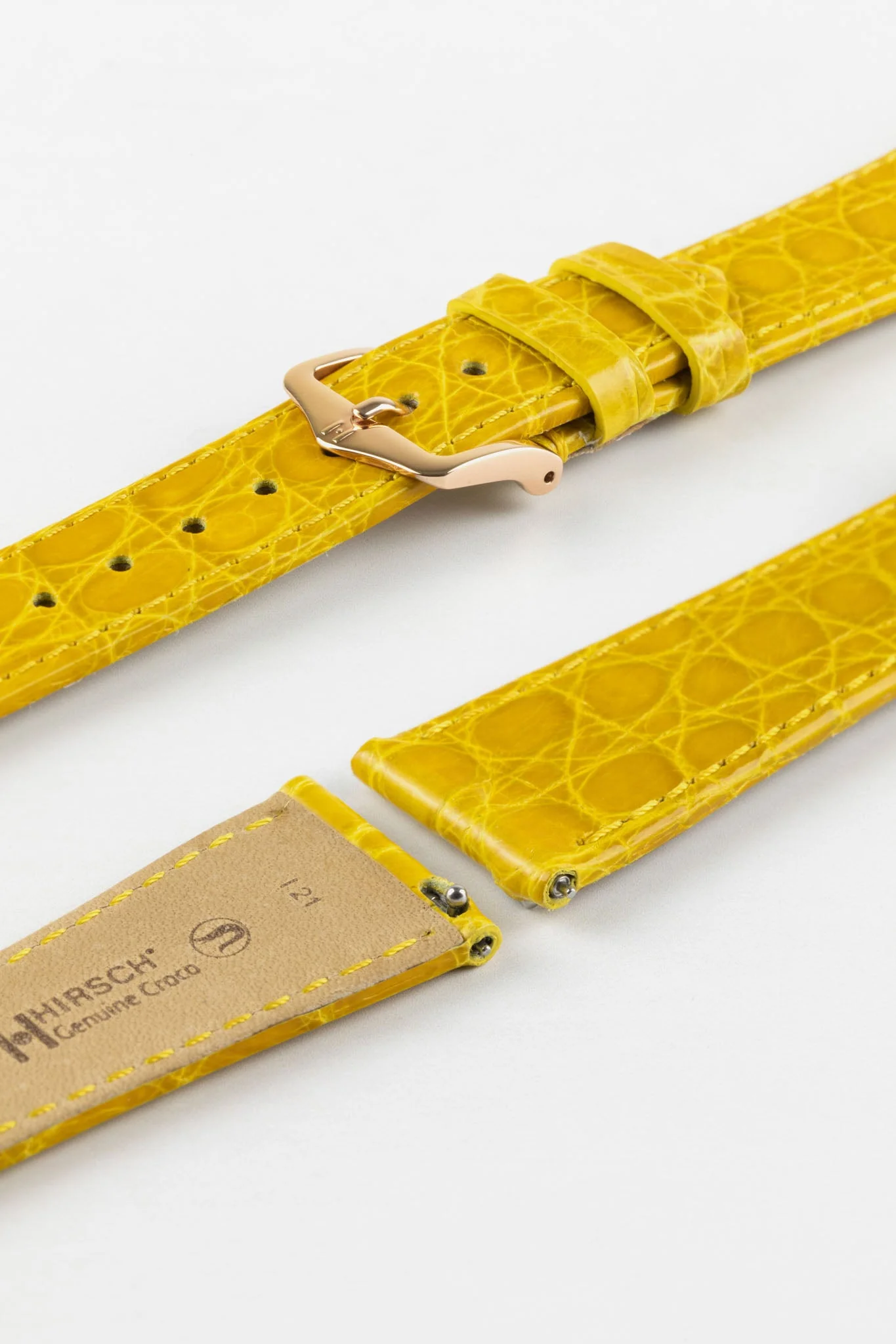 Hirsch GENUINE CROCO Shiny Crocodile Leather Watch Strap in YELLOW - Image 9