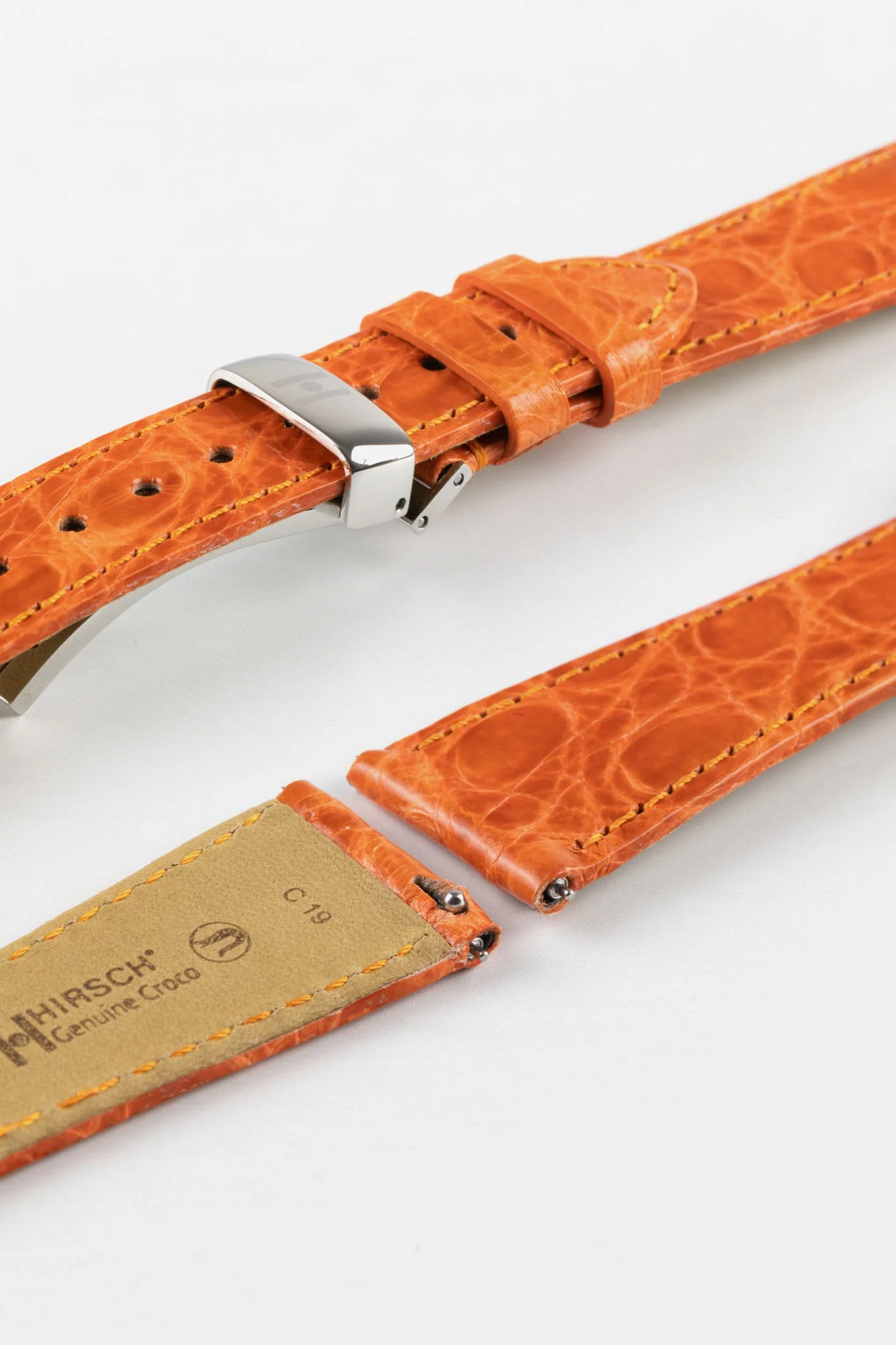 Hirsch GENUINE CROCO Shiny Crocodile Leather Watch Strap in ORANGE - Image 10