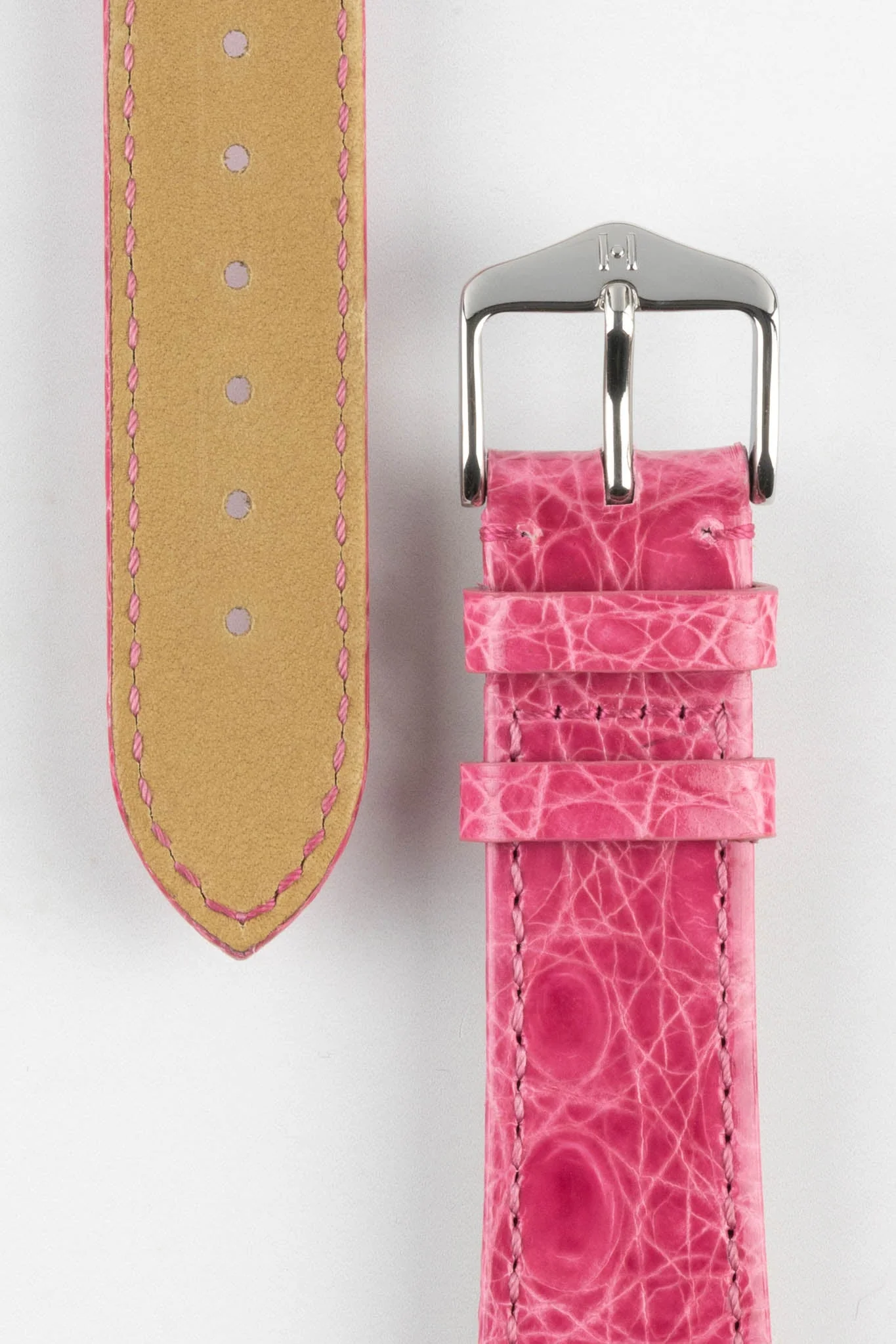 Hirsch GENUINE CROCO Shiny Crocodile Leather Watch Strap in PINK - Image 3