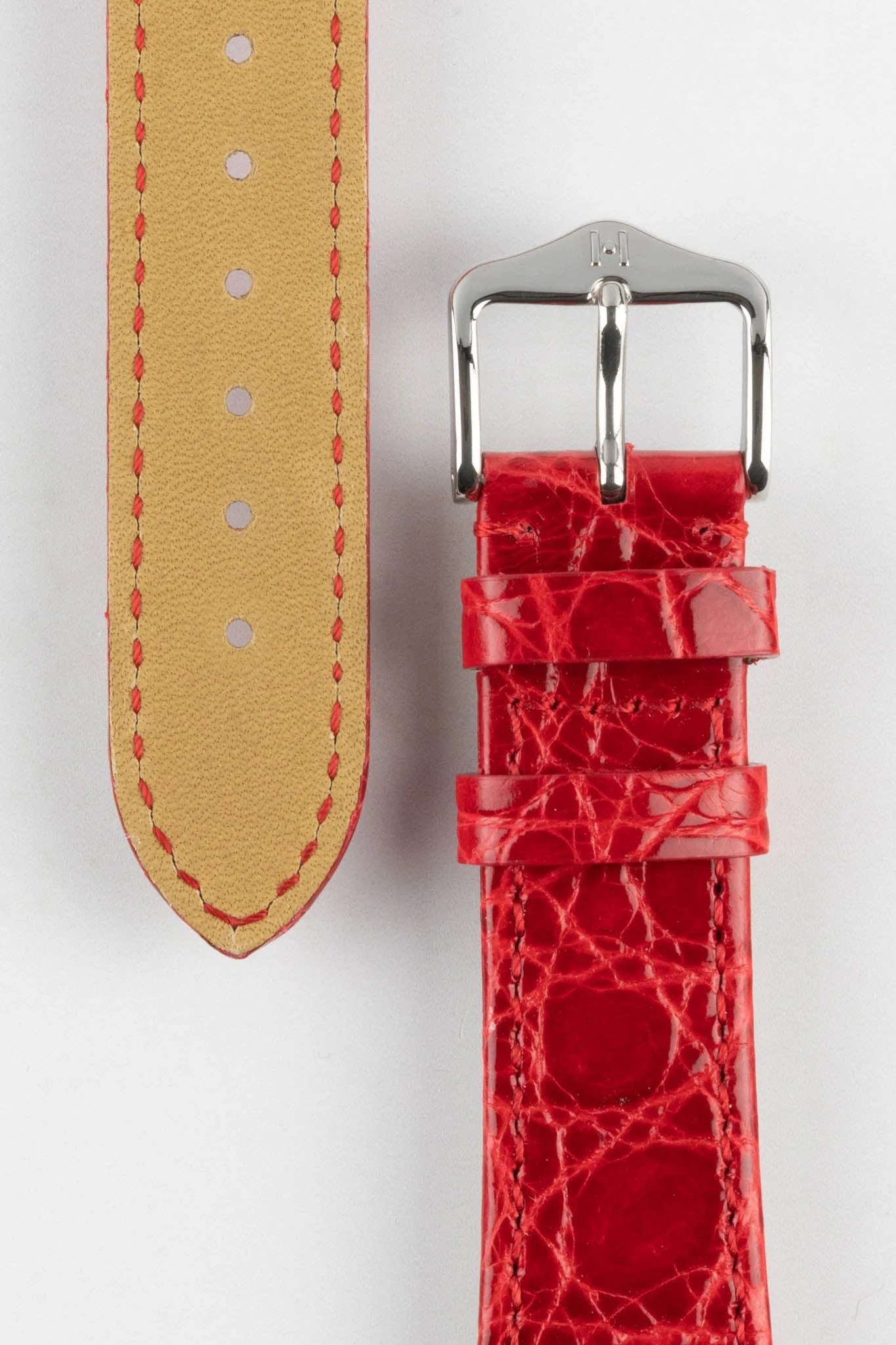 Hirsch GENUINE CROCO Shiny Crocodile Leather Watch Strap in RED - Image 3