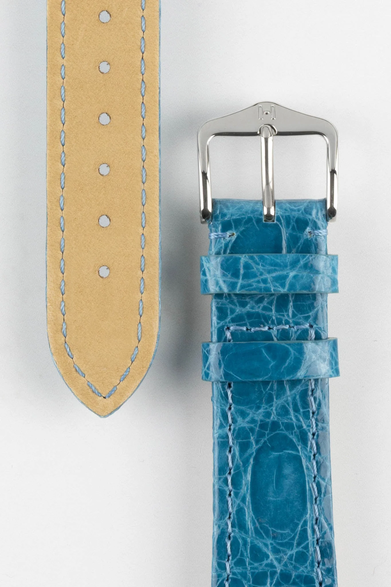 Hirsch GENUINE CROCO Shiny Crocodile Leather Watch Strap in TURQUOISE - Image 3