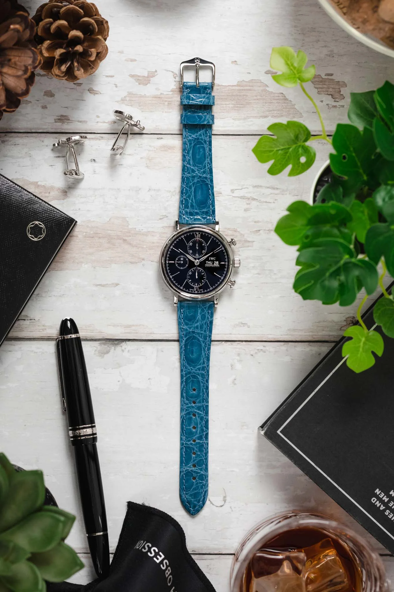 Hirsch GENUINE CROCO Shiny Crocodile Leather Watch Strap in TURQUOISE - Image 6