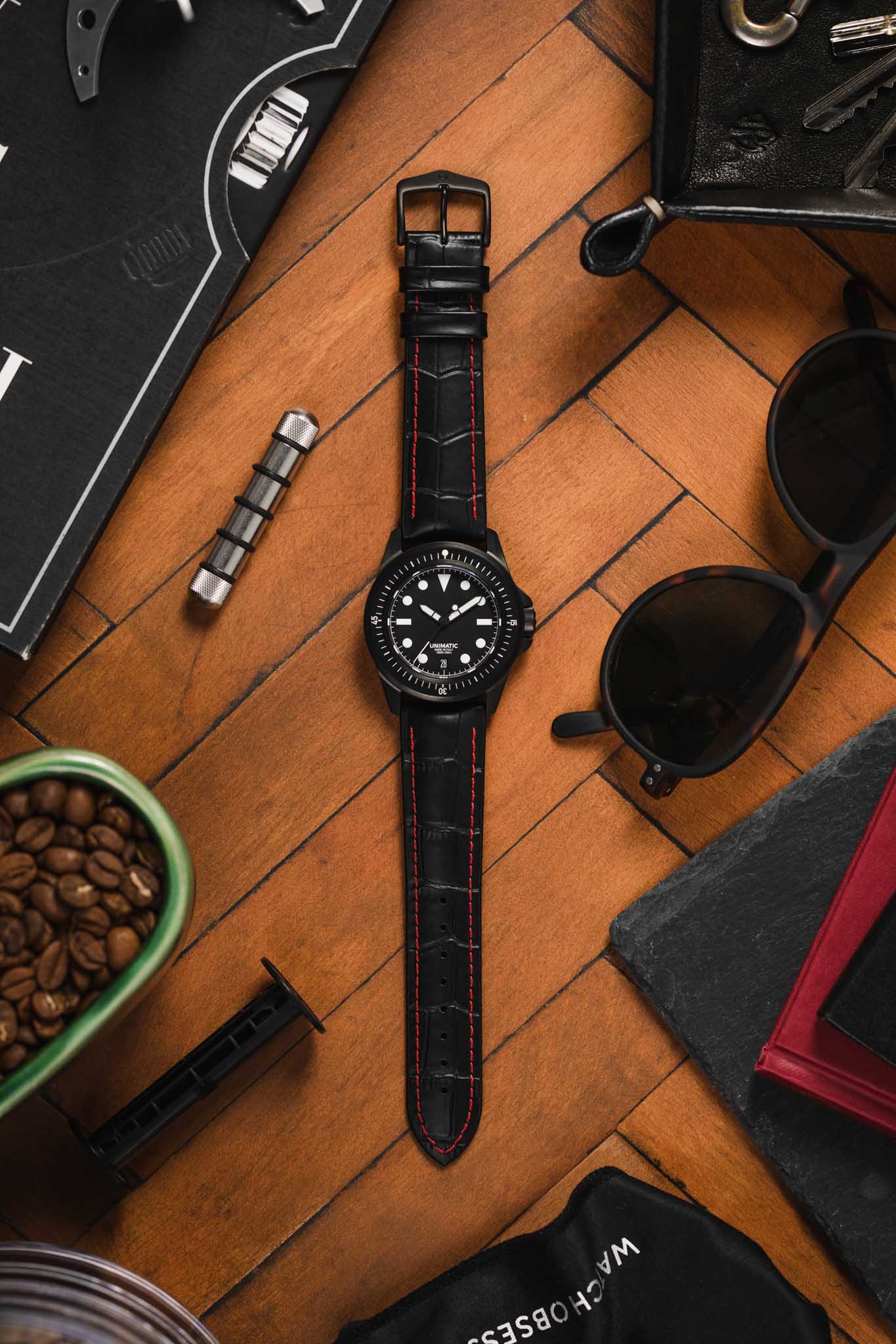 Hirsch GEORGE Alligator Embossed Performance Watch Strap in BLACK/RED - Image 6