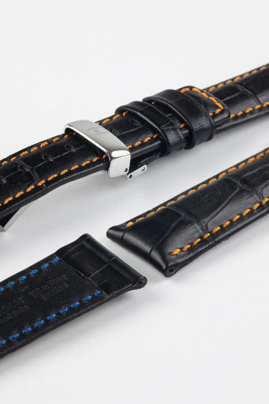 Hirsch GRAND DUKE Water-Resistant Alligator Embossed Sport Watch Strap in BLACK / ORANGE - Image 10