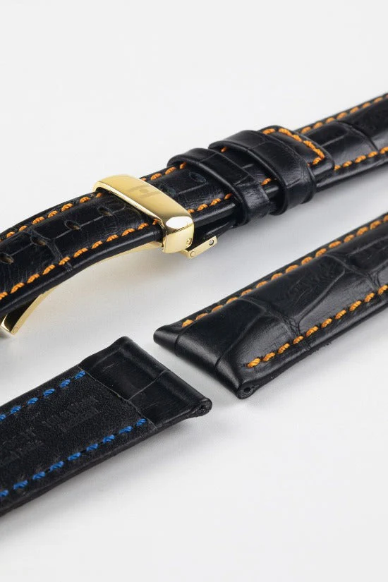 Hirsch GRAND DUKE Water-Resistant Alligator Embossed Sport Watch Strap in BLACK / ORANGE - Image 11