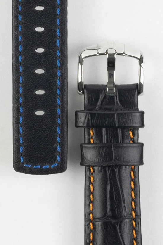 Hirsch GRAND DUKE Water-Resistant Alligator Embossed Sport Watch Strap in BLACK / ORANGE - Image 3