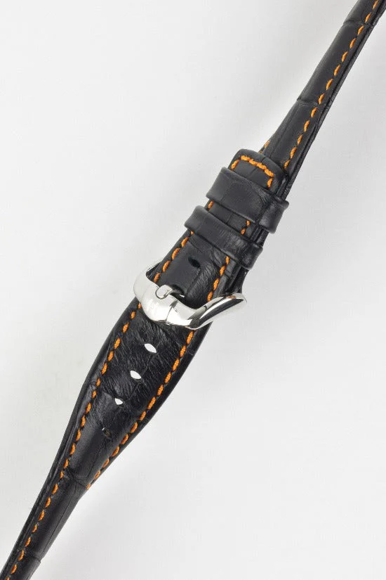 Hirsch GRAND DUKE Water-Resistant Alligator Embossed Sport Watch Strap in BLACK / ORANGE - Image 5