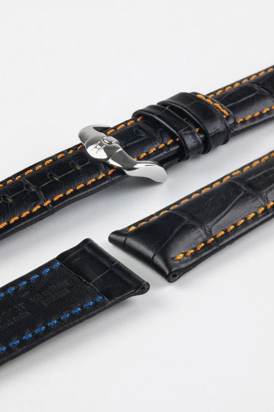 Hirsch GRAND DUKE Water-Resistant Alligator Embossed Sport Watch Strap in BLACK / ORANGE - Image 7