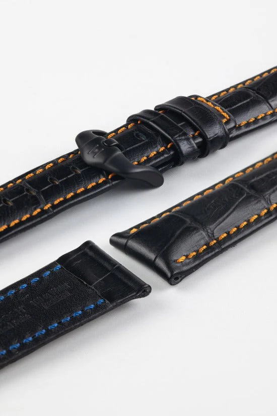 Hirsch GRAND DUKE Water-Resistant Alligator Embossed Sport Watch Strap in BLACK / ORANGE - Image 8