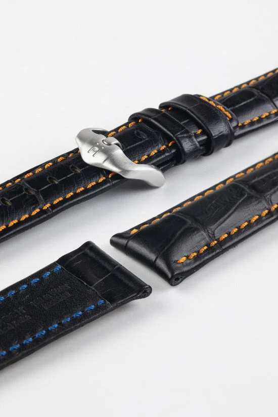 Hirsch GRAND DUKE Water-Resistant Alligator Embossed Sport Watch Strap in BLACK / ORANGE - Image 9