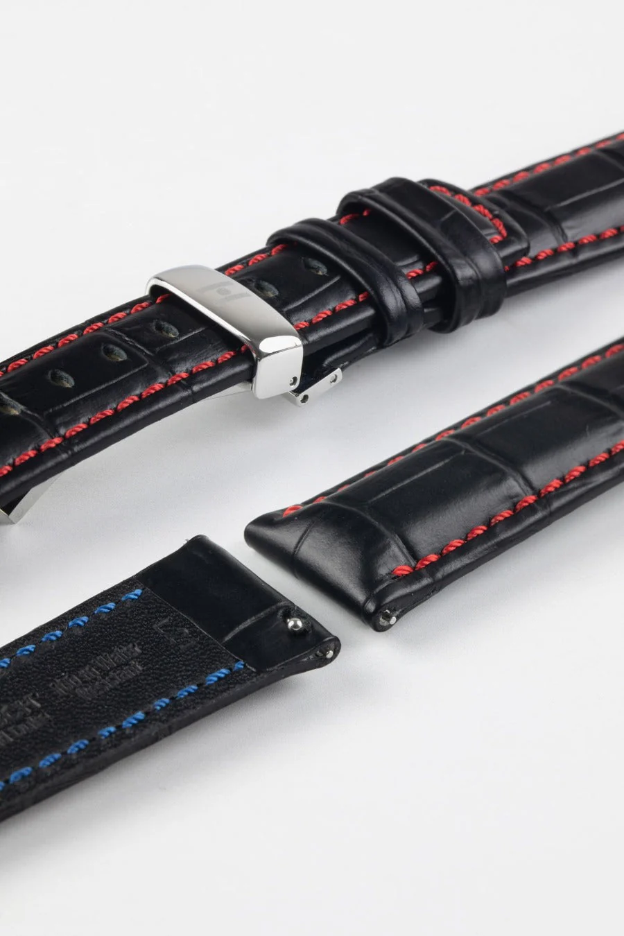 Hirsch GRAND DUKE Water-Resistant Alligator Embossed Sport Watch Strap in BLACK / RED - Image 10