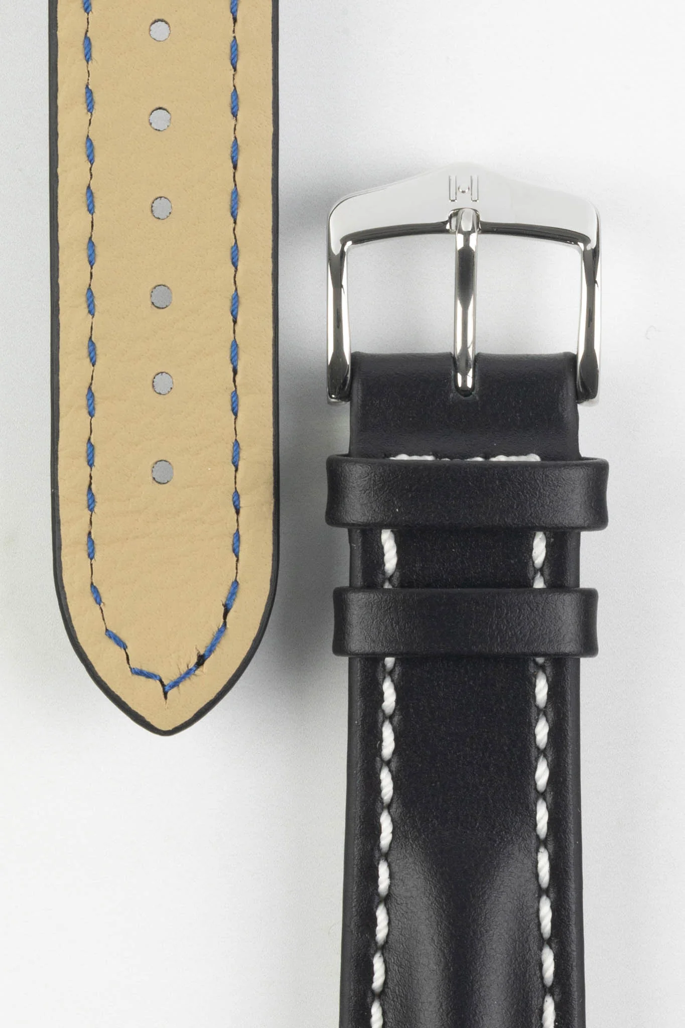Hirsch HEAVY CALF Water-Resistant Calf Leather Watch Strap in BLACK/WHITE - Image 3
