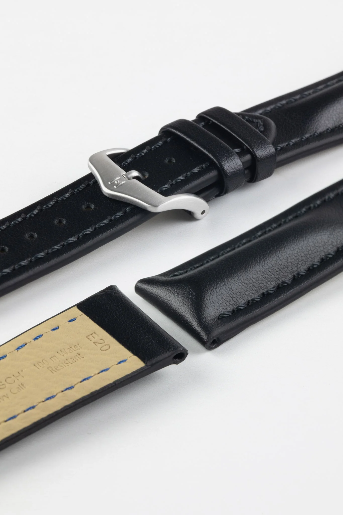 Hirsch HEAVY CALF Water-Resistant Calf Leather Watch Strap in BLACK / BLACK - Image 10