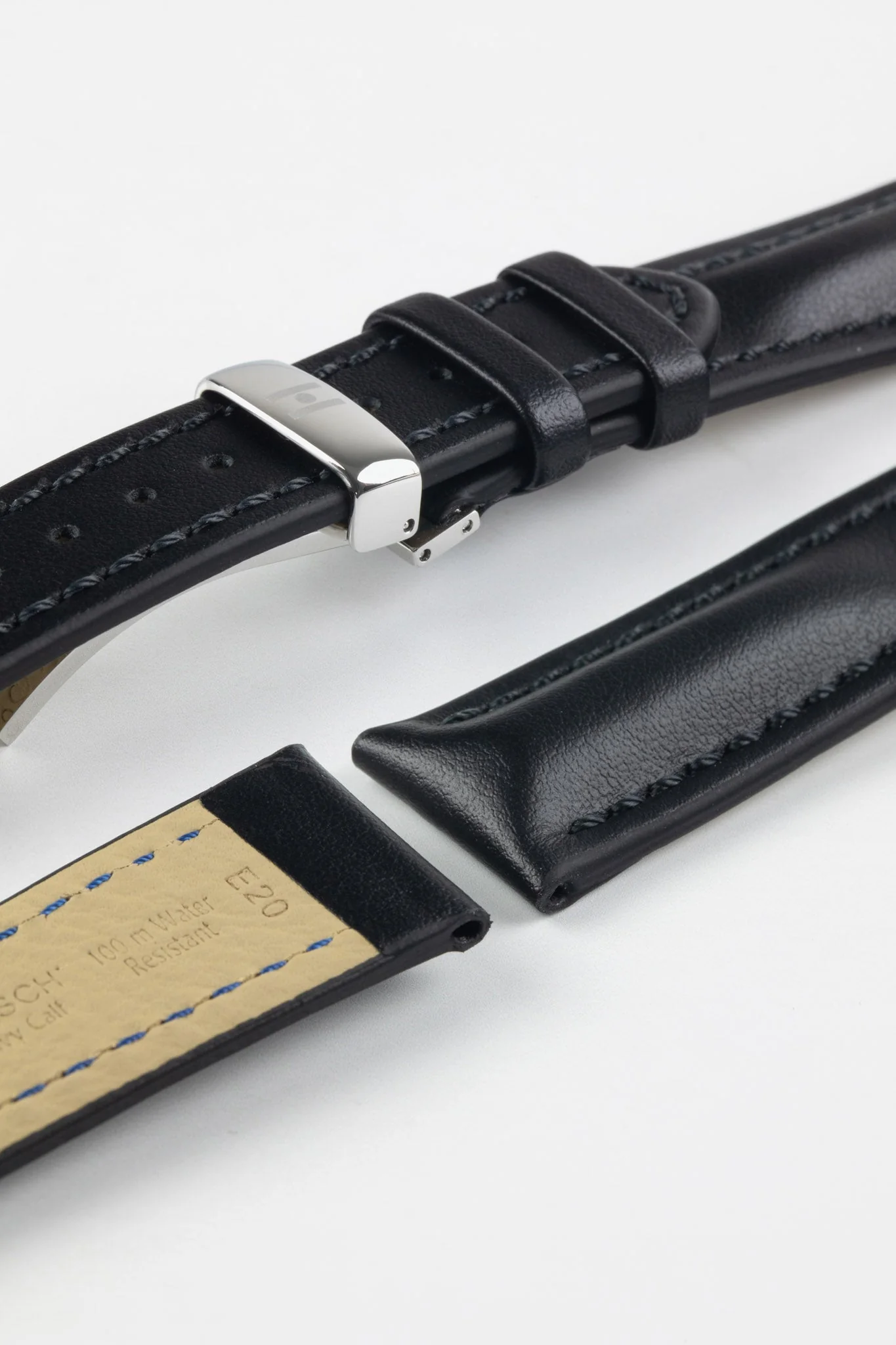 Hirsch HEAVY CALF Water-Resistant Calf Leather Watch Strap in BLACK / BLACK - Image 11