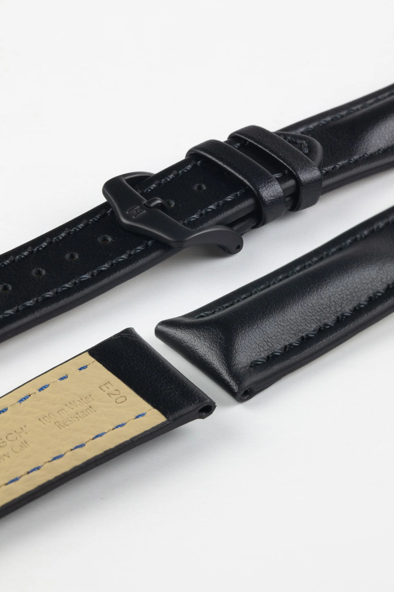 Hirsch HEAVY CALF Water-Resistant Calf Leather Watch Strap in BLACK / BLACK - Image 9