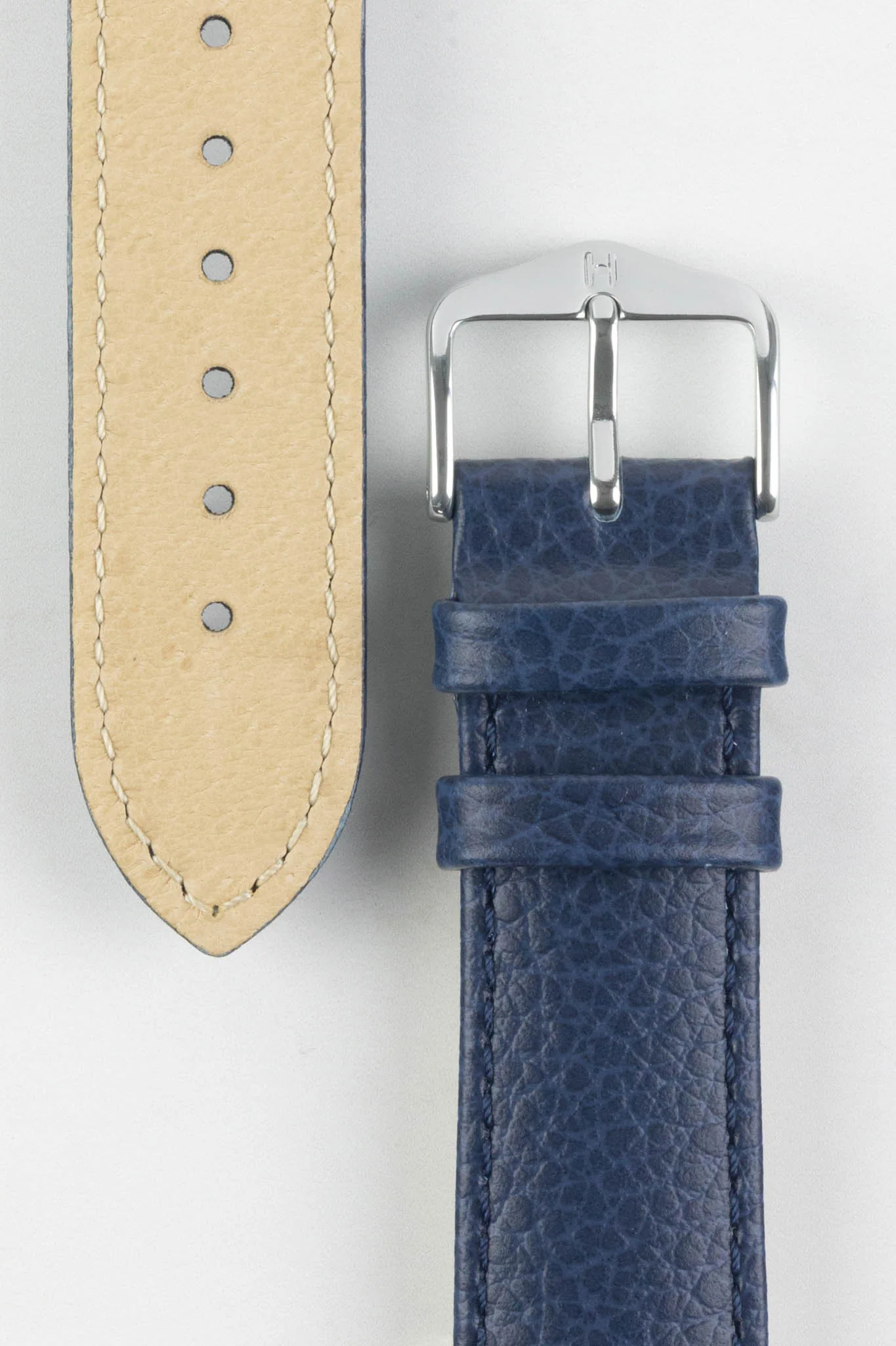 Hirsch KANSAS Buffalo Embossed Calf Leather Watch Strap in BLUE with Blue Stitch - Image 3