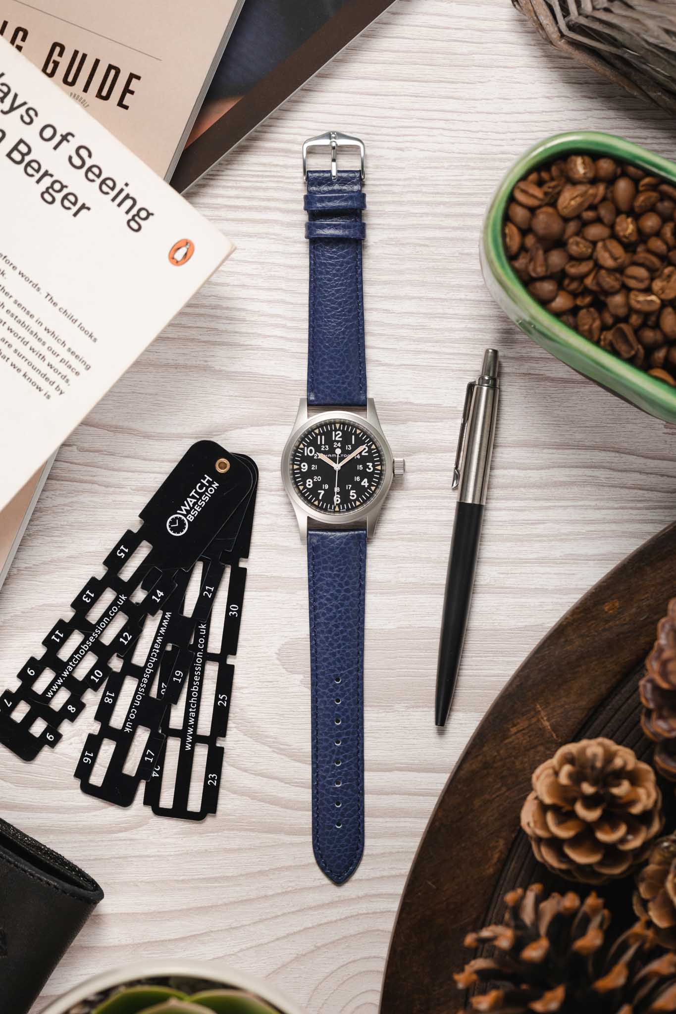 Hirsch KANSAS Buffalo Embossed Calf Leather Watch Strap in BLUE with Blue Stitch - Image 6