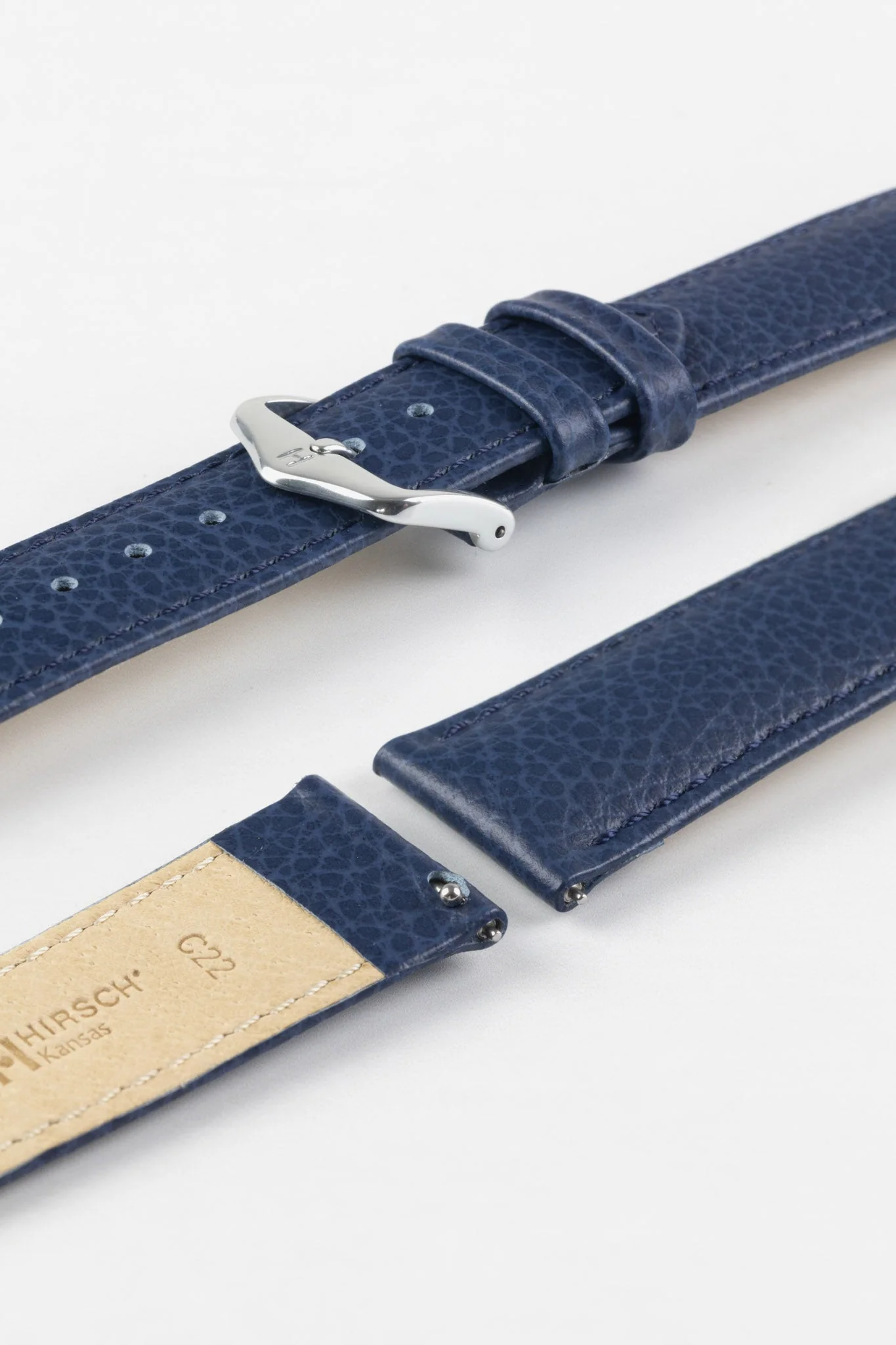 Hirsch KANSAS Buffalo Embossed Calf Leather Watch Strap in BLUE with Blue Stitch - Image 7