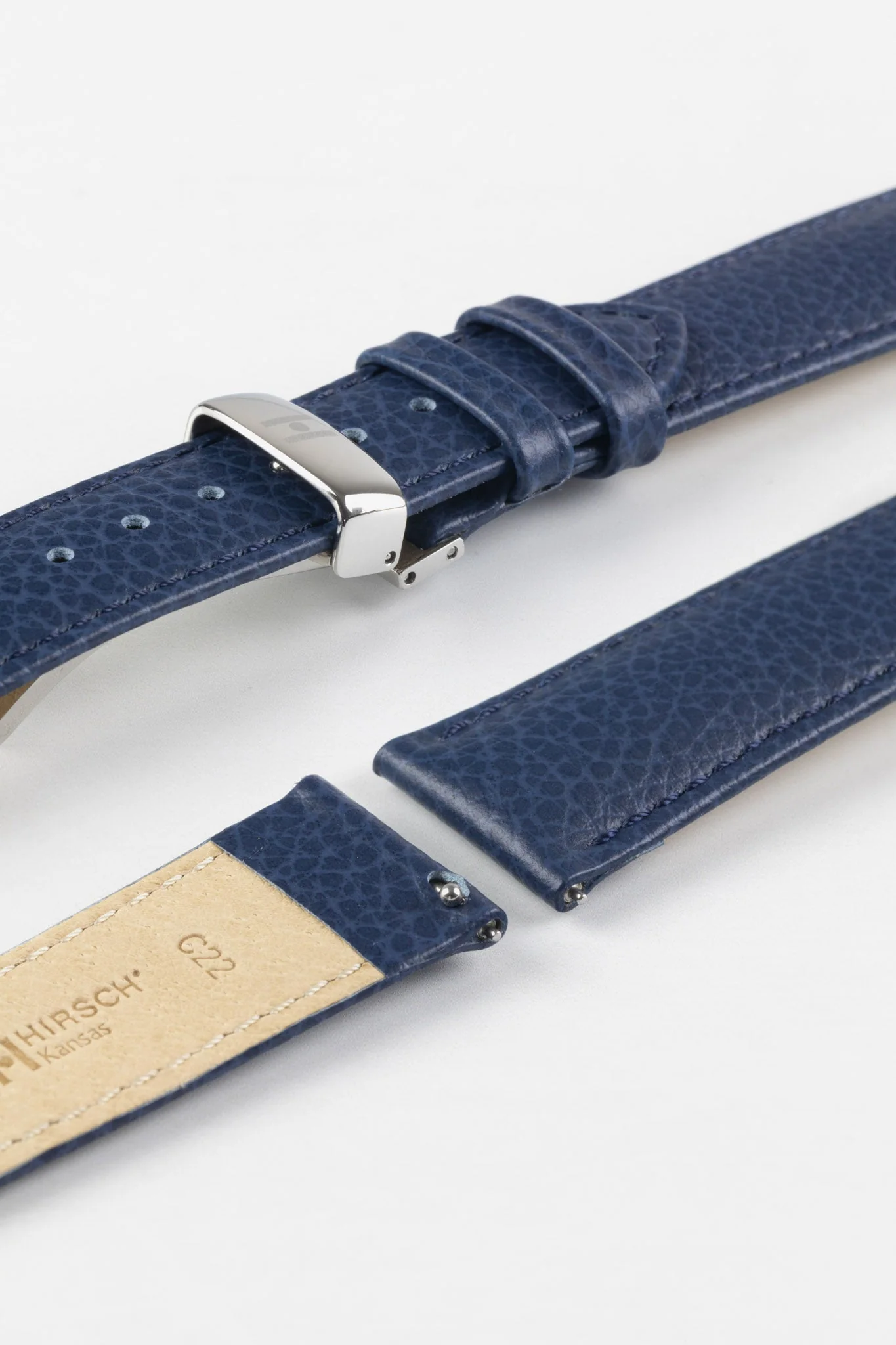 Hirsch KANSAS Buffalo Embossed Calf Leather Watch Strap in BLUE with Blue Stitch - Image 9