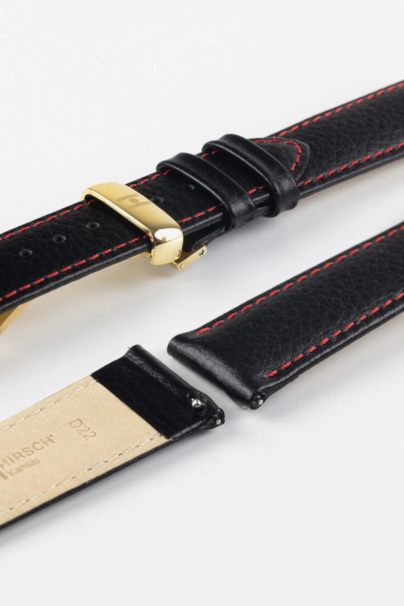 Hirsch KANSAS Buffalo-Embossed Calf Leather Watch Strap in BLACK with Red Stitching - Image 10