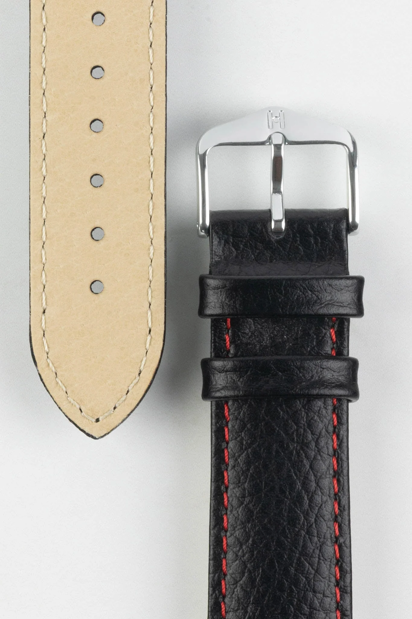 Hirsch KANSAS Buffalo-Embossed Calf Leather Watch Strap in BLACK with Red Stitching - Image 3