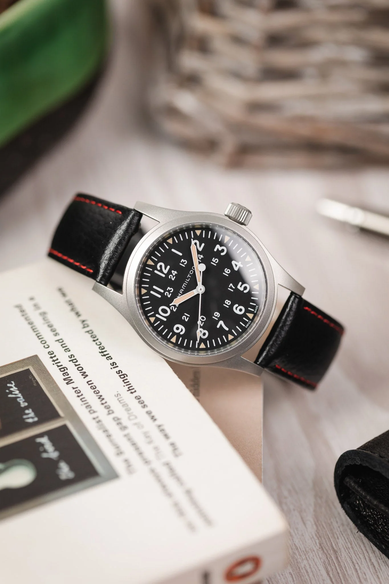 Hirsch KANSAS Buffalo-Embossed Calf Leather Watch Strap in BLACK with Red Stitching - Image 4