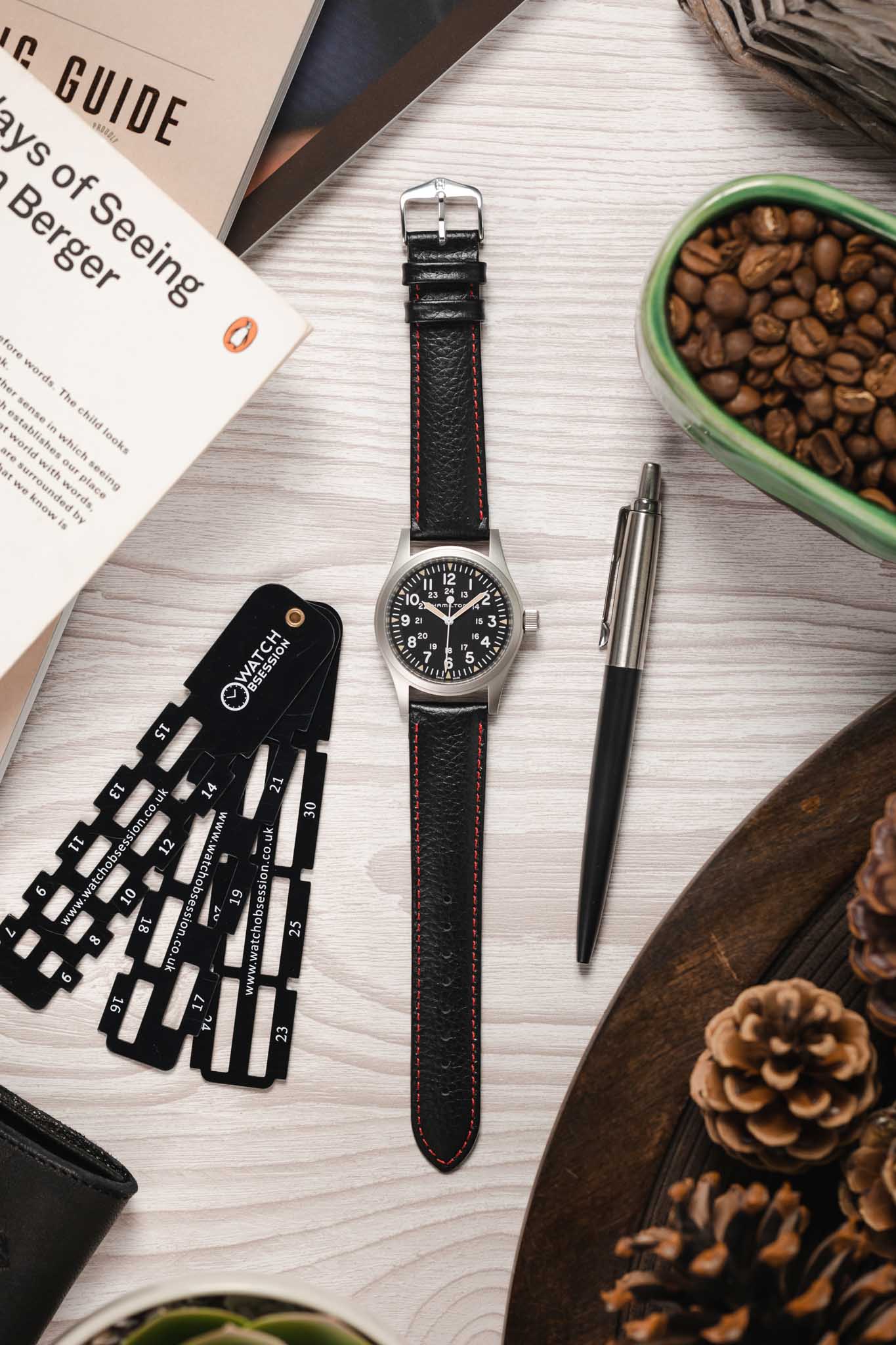 Hirsch KANSAS Buffalo-Embossed Calf Leather Watch Strap in BLACK with Red Stitching - Image 6
