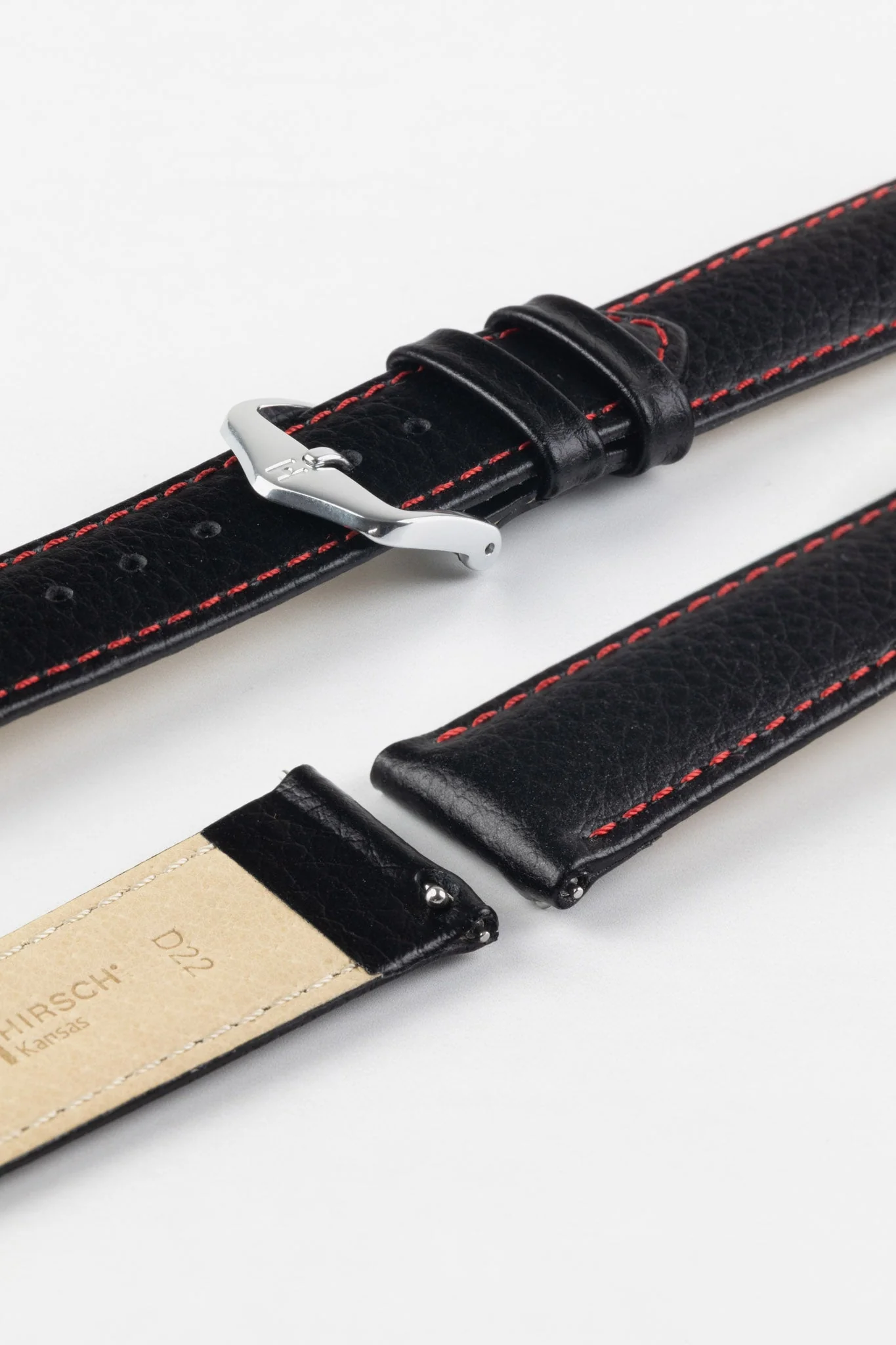Hirsch KANSAS Buffalo-Embossed Calf Leather Watch Strap in BLACK with Red Stitching - Image 7