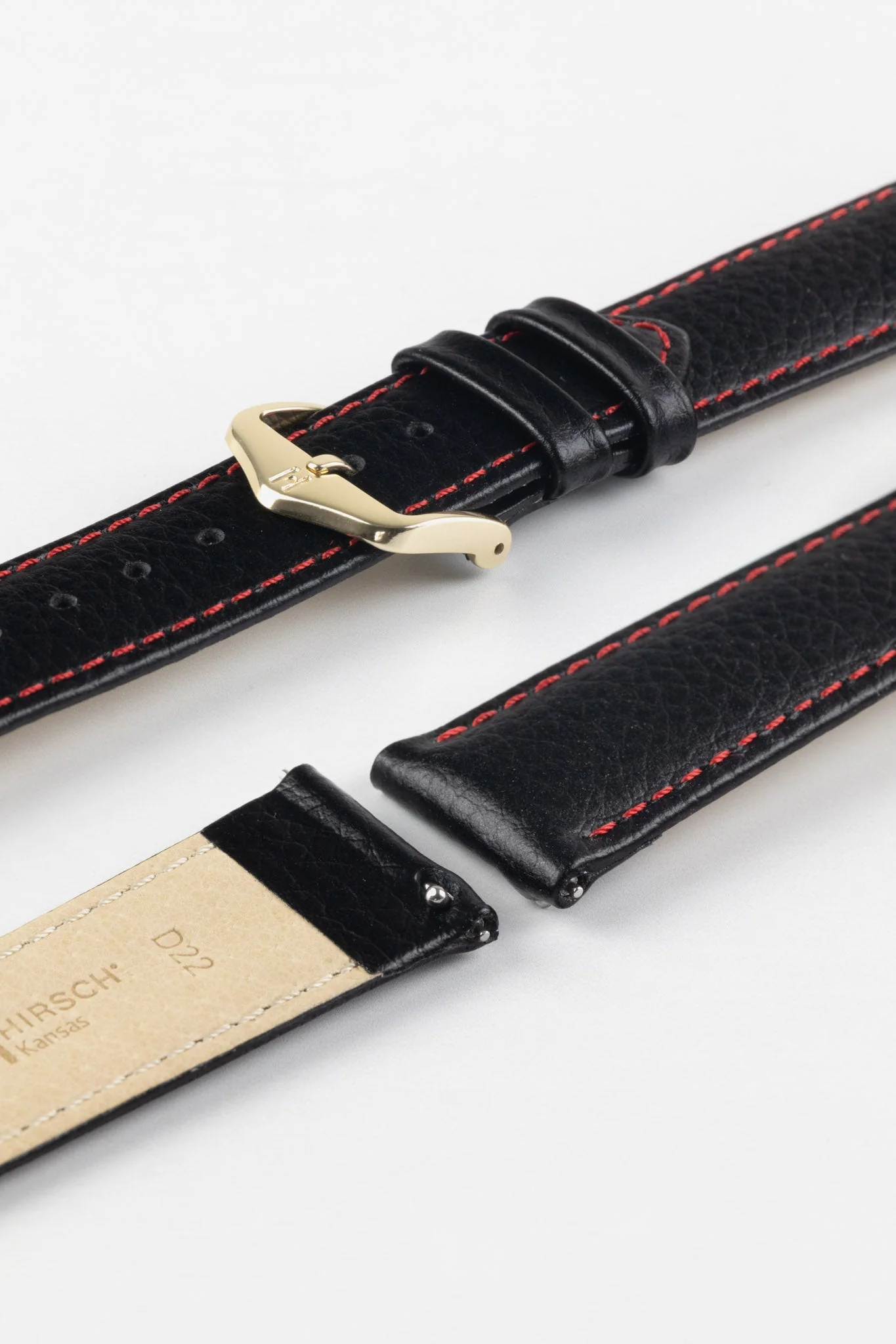 Hirsch KANSAS Buffalo-Embossed Calf Leather Watch Strap in BLACK with Red Stitching - Image 8