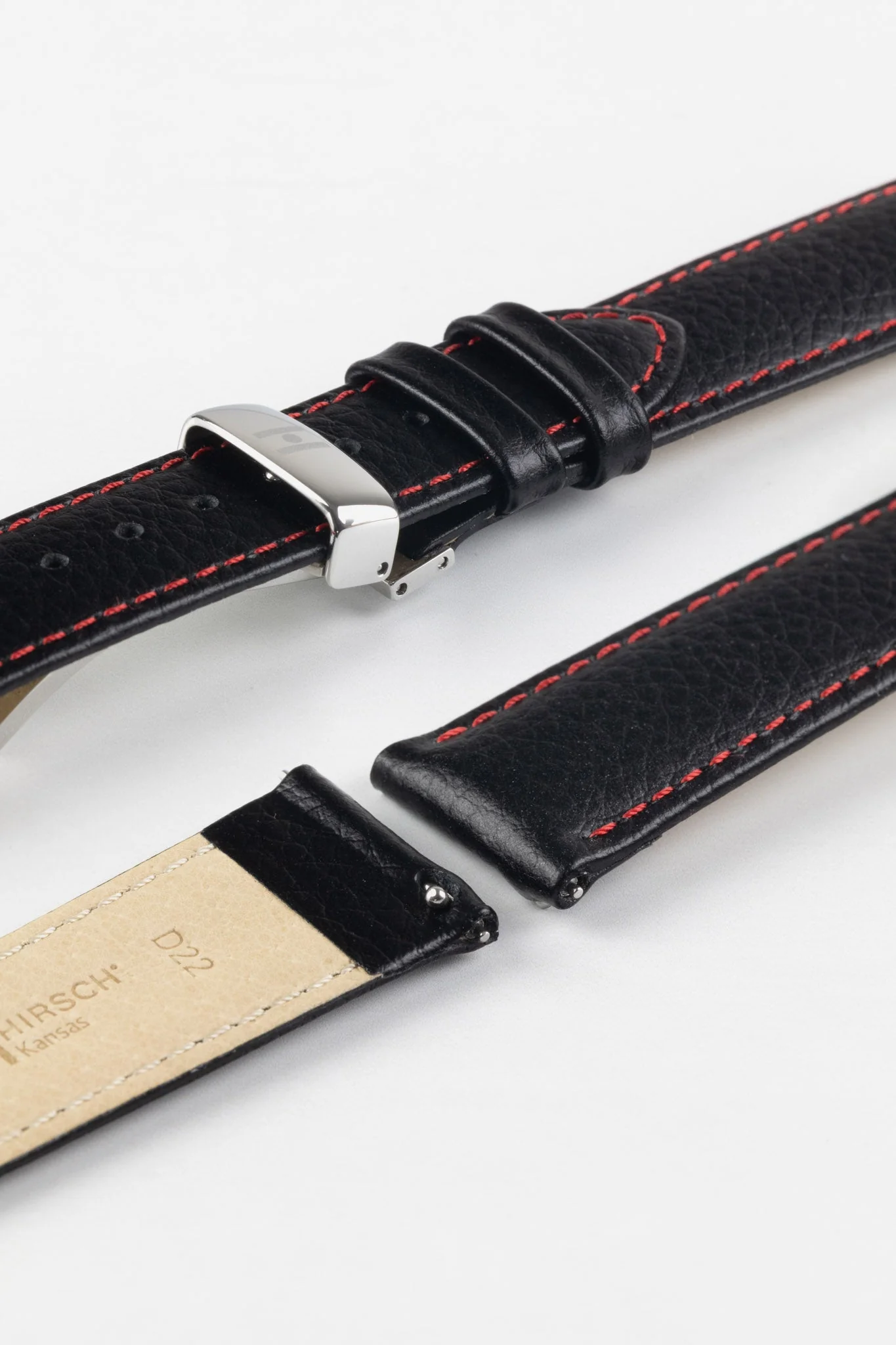 Hirsch KANSAS Buffalo-Embossed Calf Leather Watch Strap in BLACK with Red Stitching - Image 9