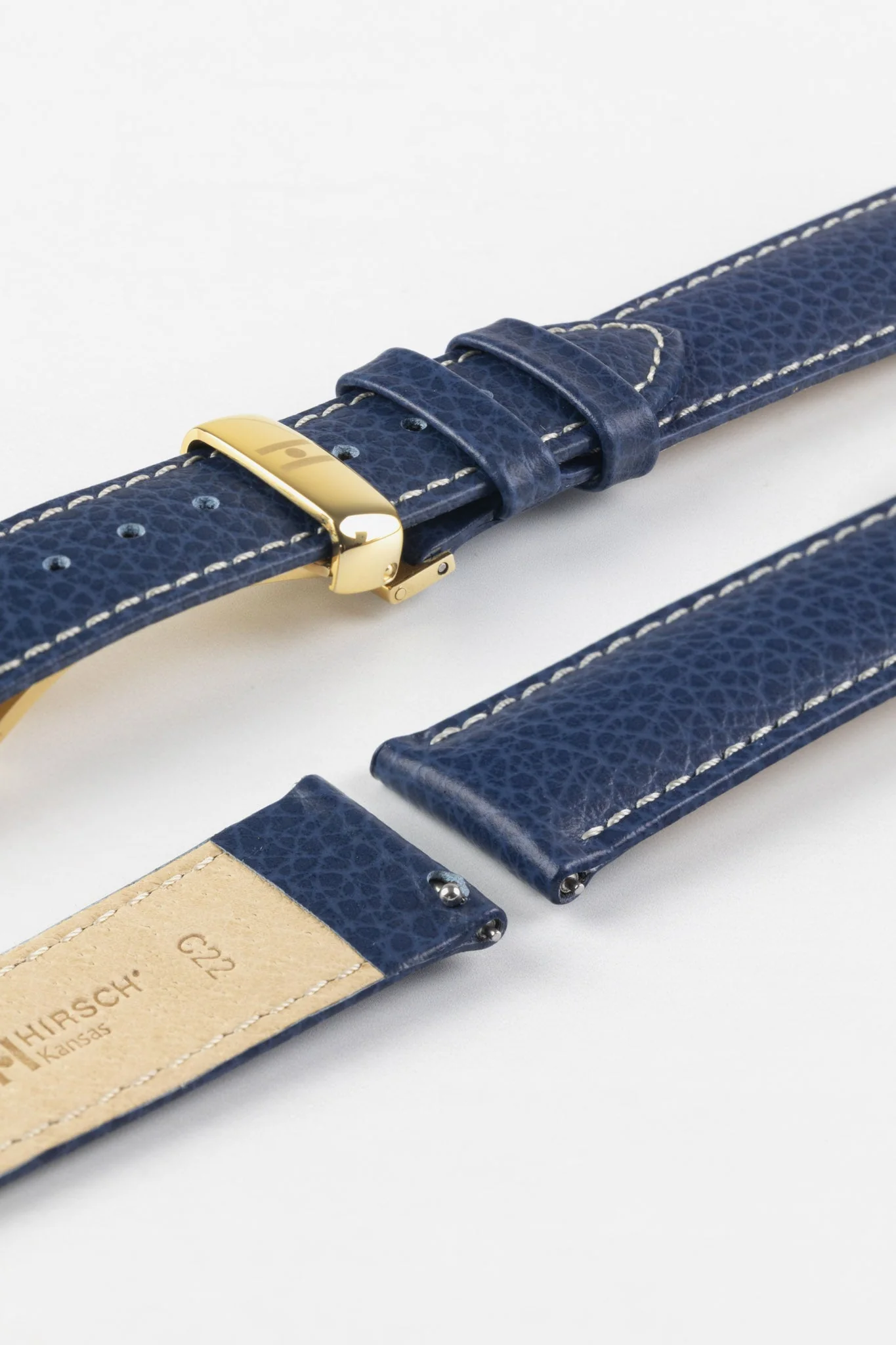 Hirsch KANSAS Buffalo-Embossed Calf Leather Watch Strap in BLUE with White Stitch - Image 10