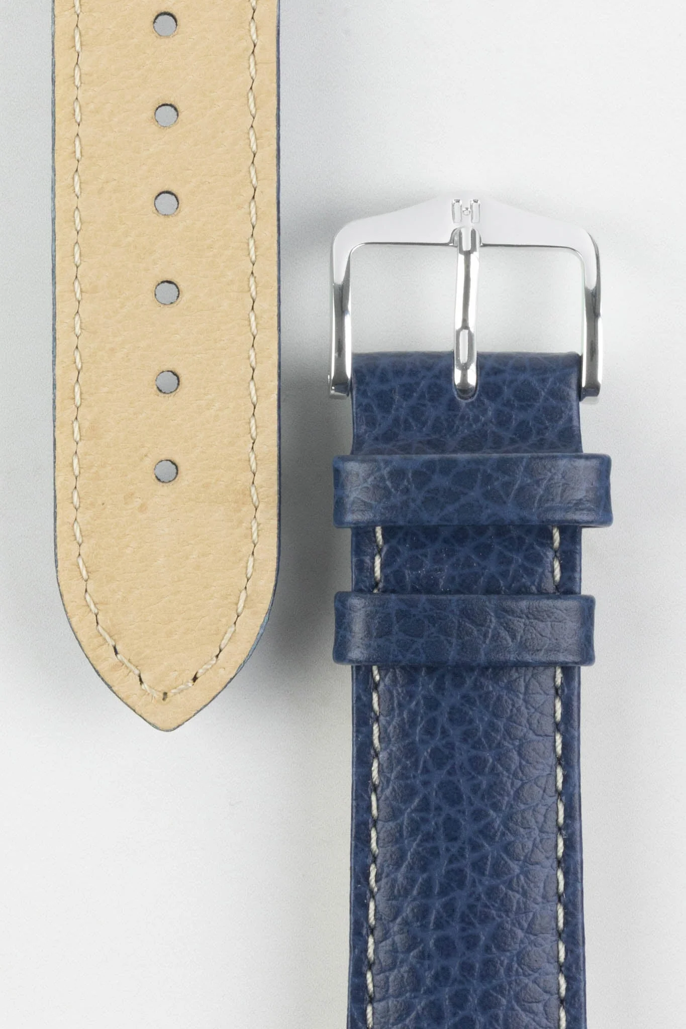 Hirsch KANSAS Buffalo-Embossed Calf Leather Watch Strap in BLUE with White Stitch - Image 3