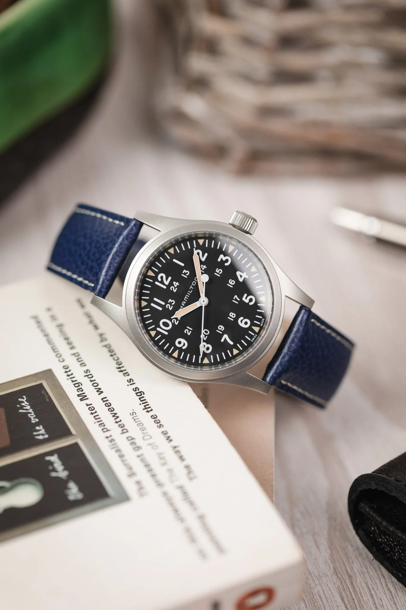 Hirsch KANSAS Buffalo-Embossed Calf Leather Watch Strap in BLUE with White Stitch - Image 4