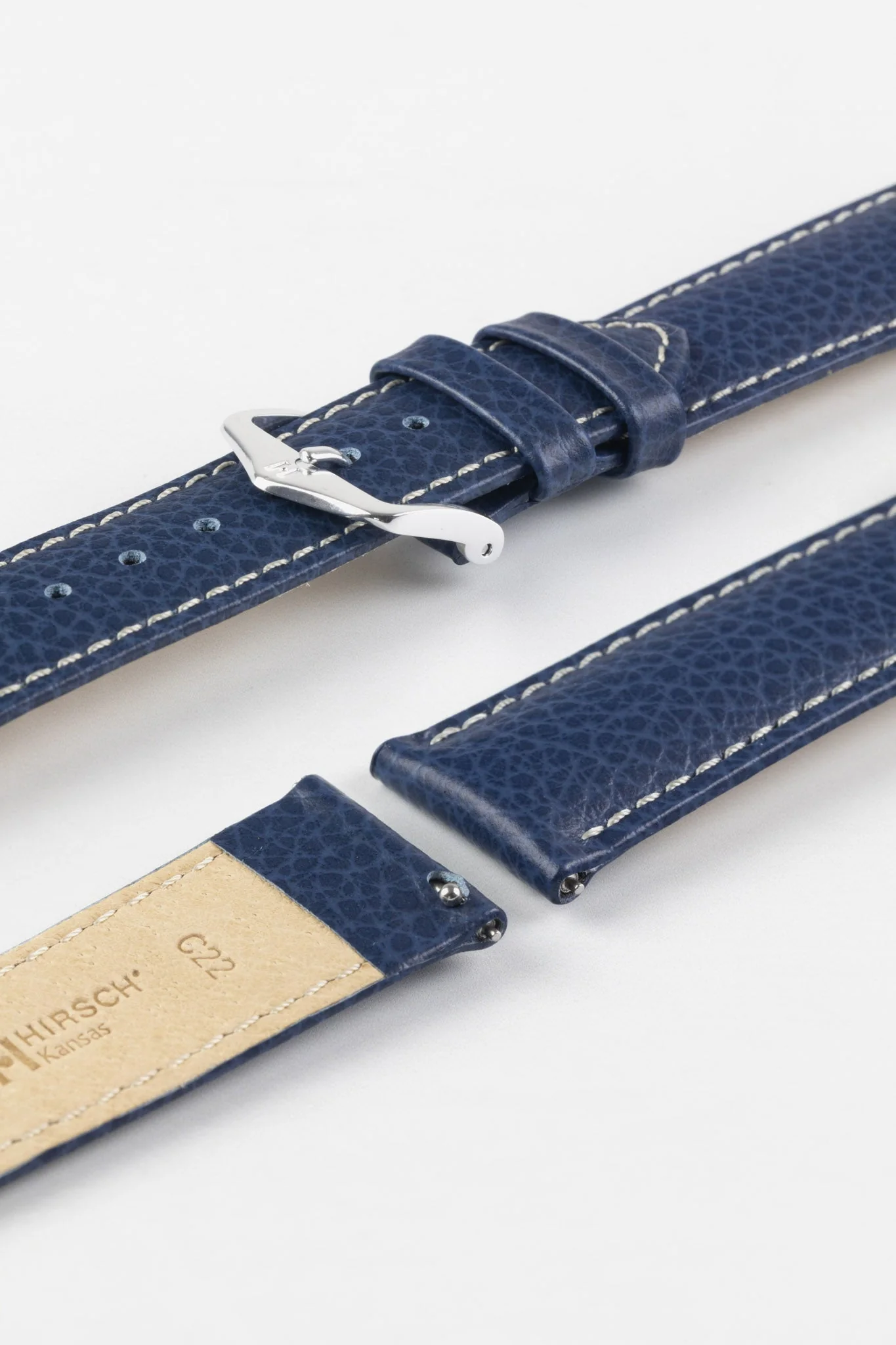 Hirsch KANSAS Buffalo-Embossed Calf Leather Watch Strap in BLUE with White Stitch - Image 7