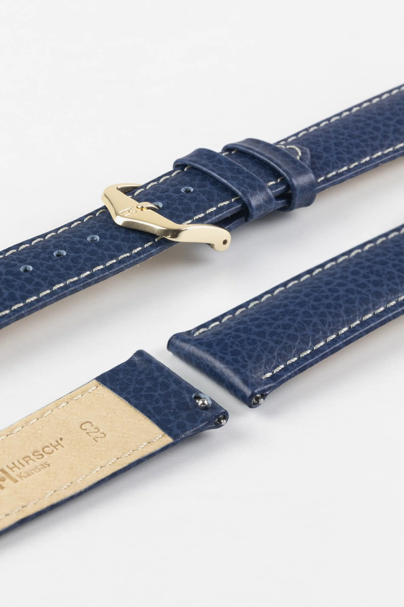 Hirsch KANSAS Buffalo-Embossed Calf Leather Watch Strap in BLUE with White Stitch - Image 8