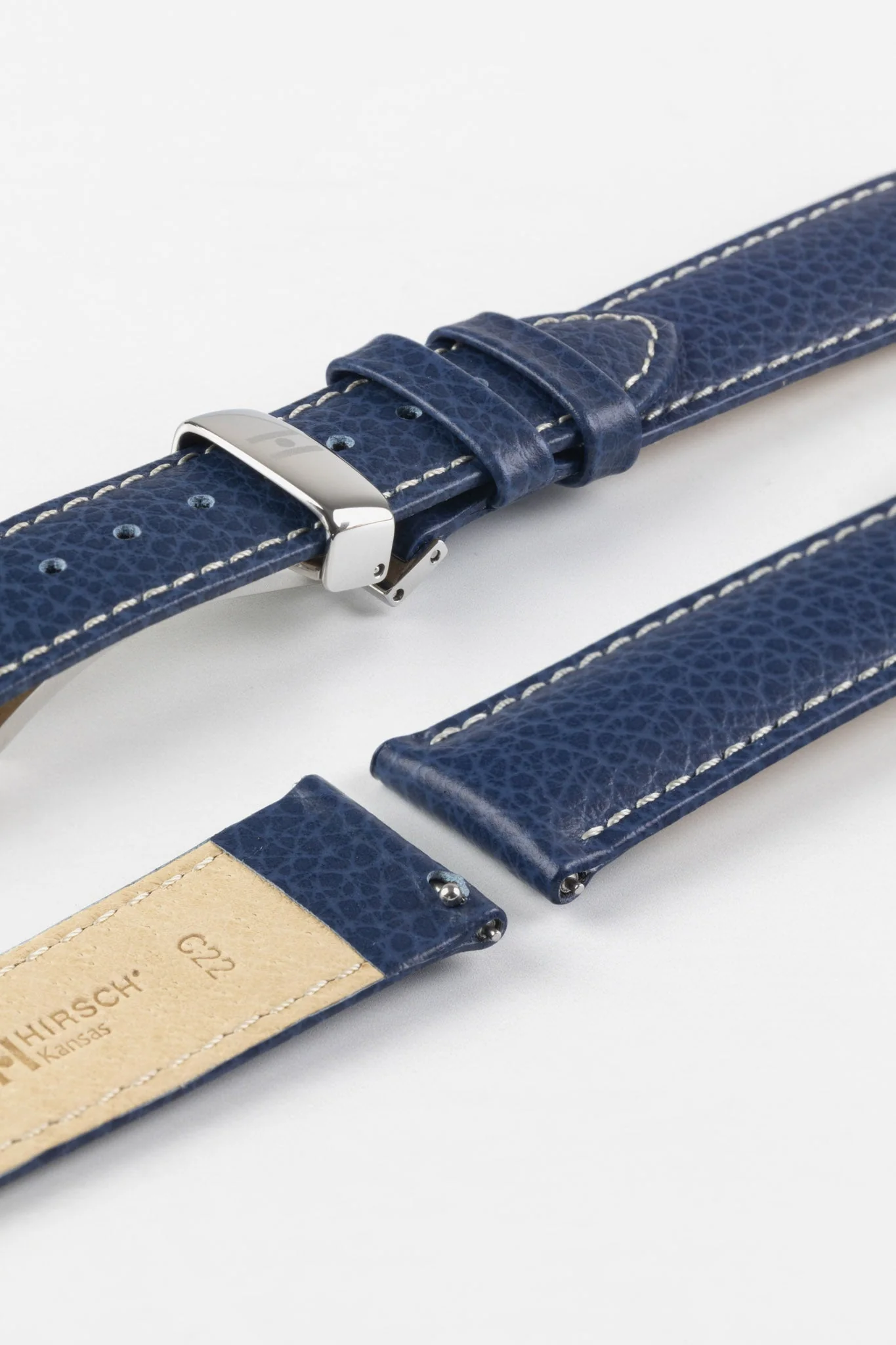 Hirsch KANSAS Buffalo-Embossed Calf Leather Watch Strap in BLUE with White Stitch - Image 9
