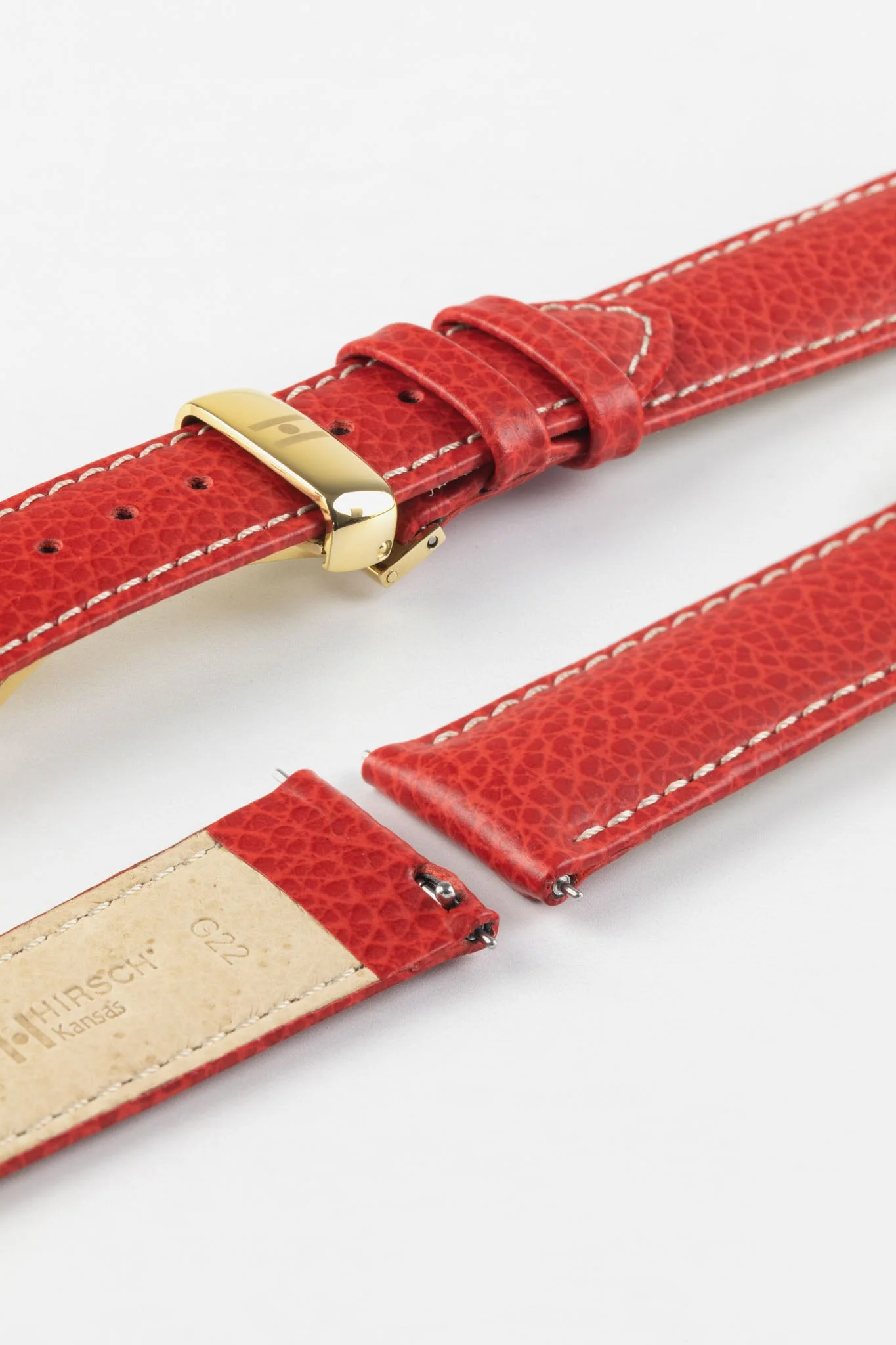 Hirsch KANSAS Buffalo-Embossed Calf Leather Watch Strap in RED with White Stitch - Image 10