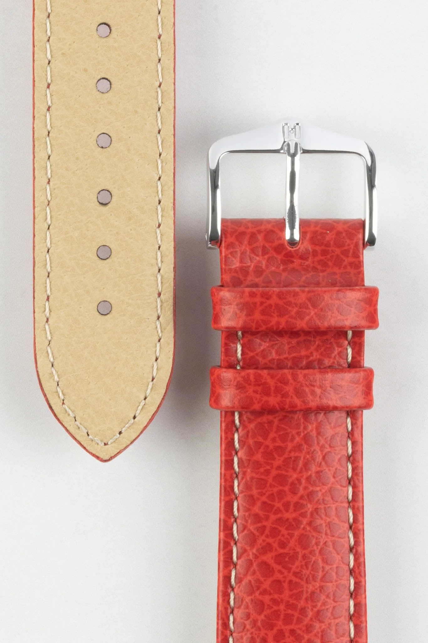Hirsch KANSAS Buffalo-Embossed Calf Leather Watch Strap in RED with White Stitch - Image 3