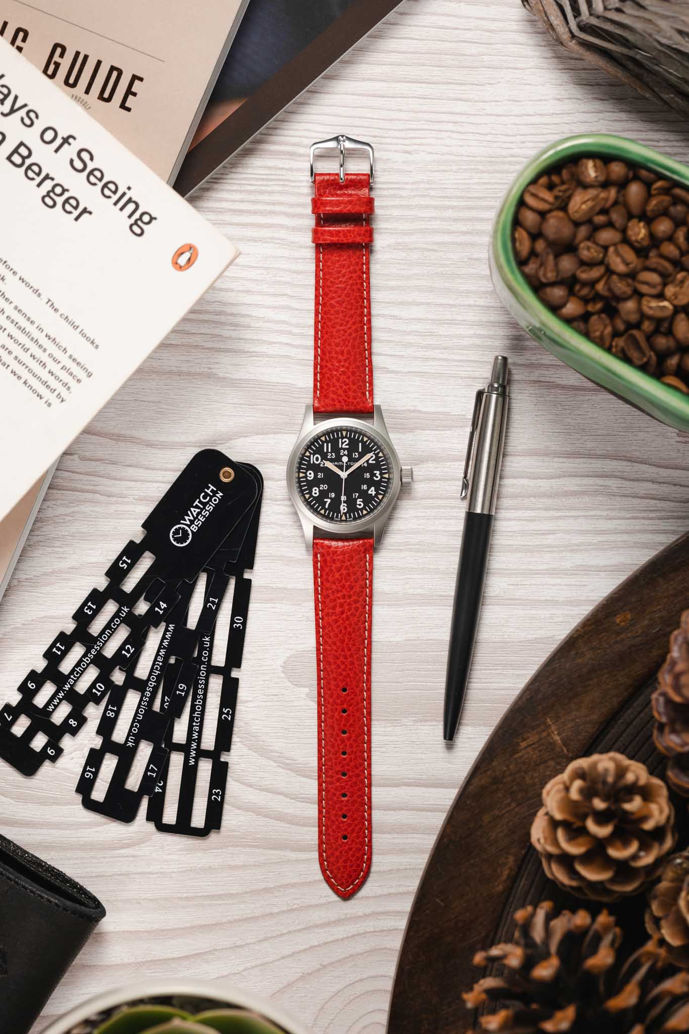 Hirsch KANSAS Buffalo-Embossed Calf Leather Watch Strap in RED with White Stitch - Image 6