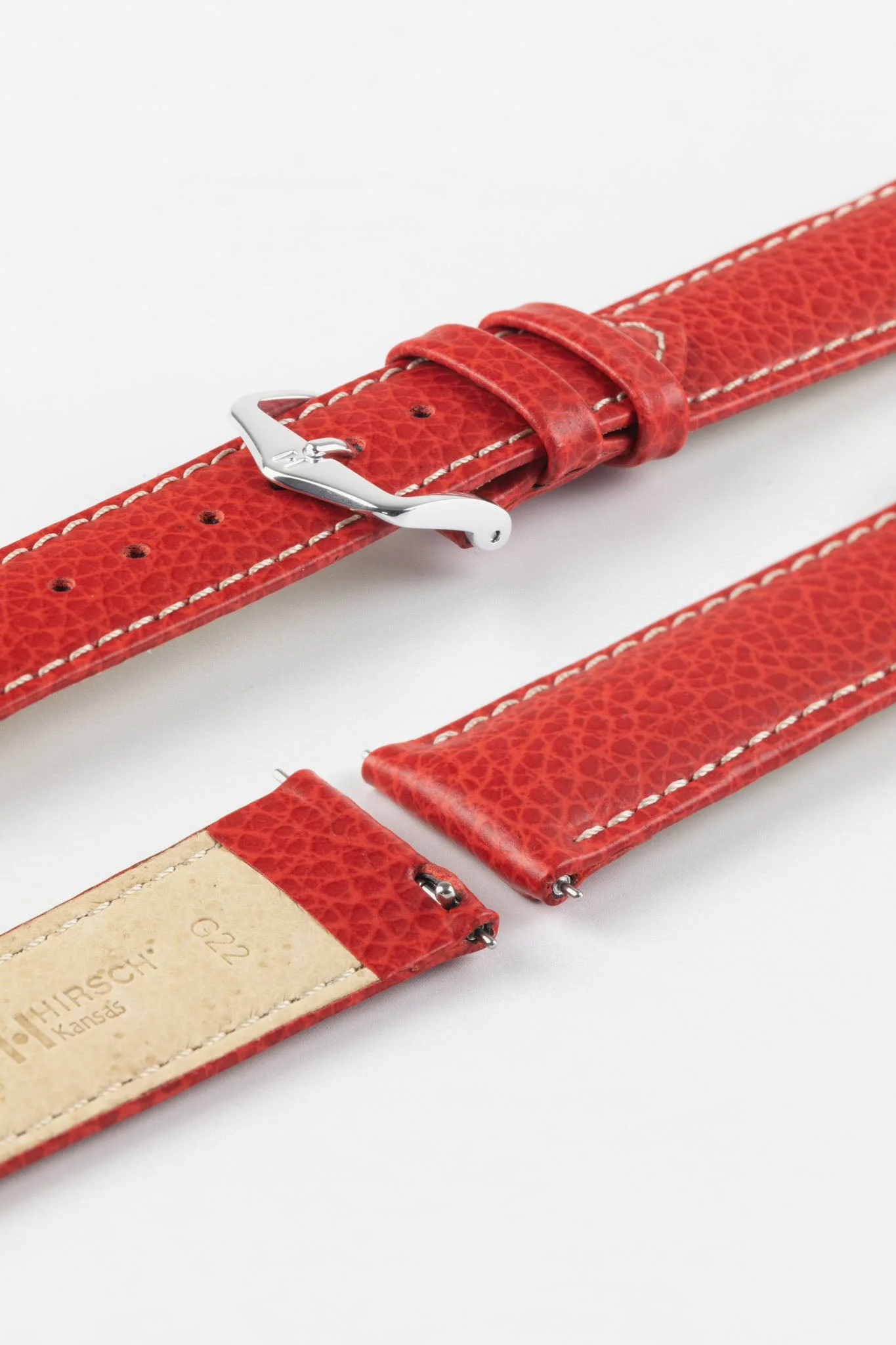 Hirsch KANSAS Buffalo-Embossed Calf Leather Watch Strap in RED with White Stitch - Image 7
