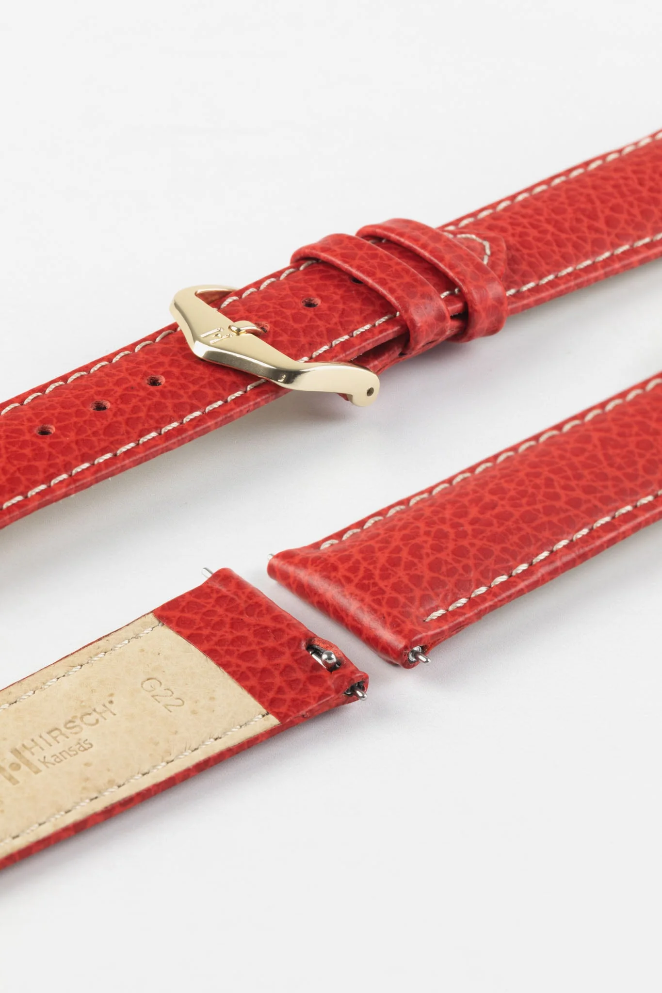 Hirsch KANSAS Buffalo-Embossed Calf Leather Watch Strap in RED with White Stitch - Image 8