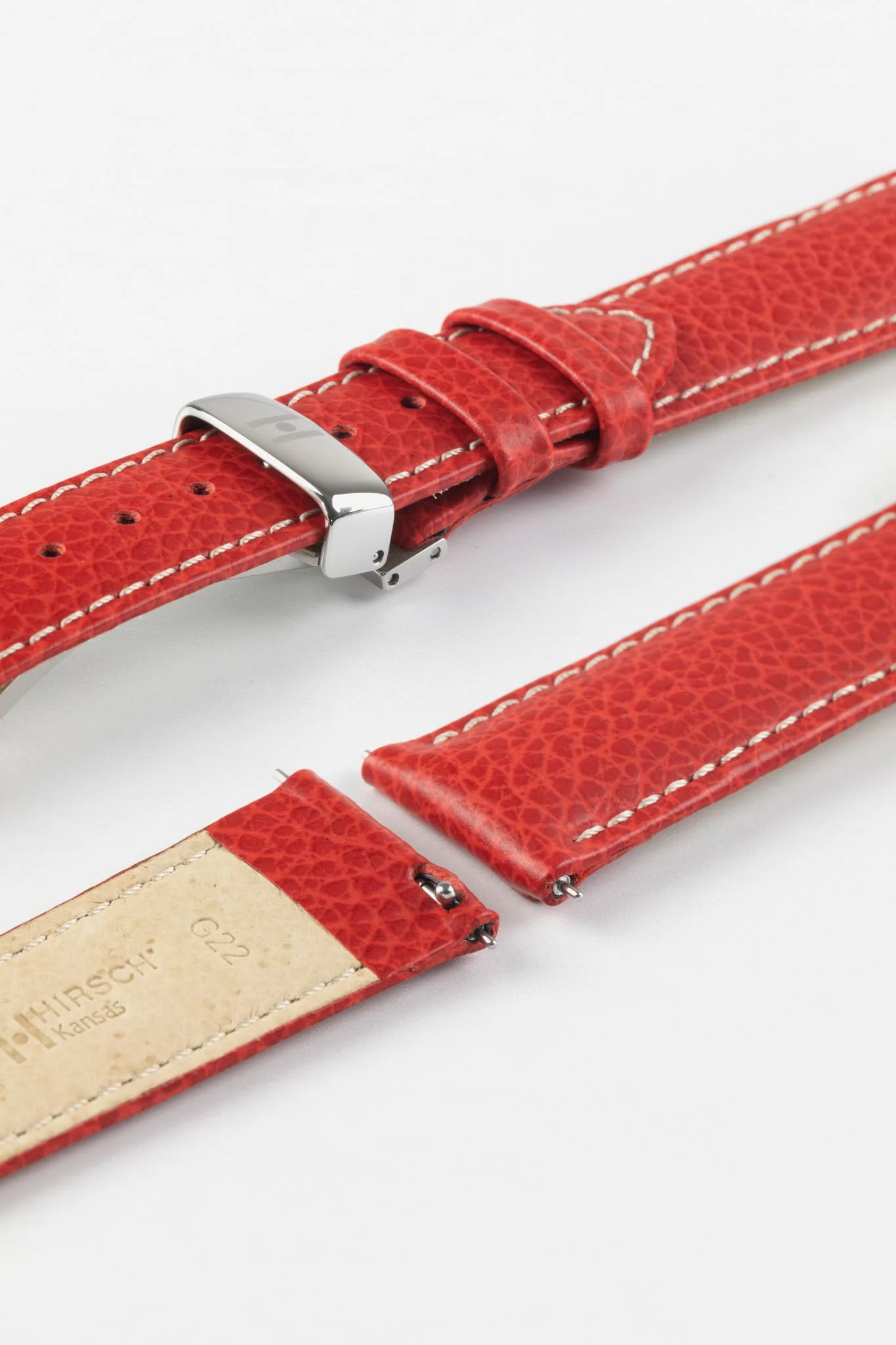 Hirsch KANSAS Buffalo-Embossed Calf Leather Watch Strap in RED with White Stitch - Image 9