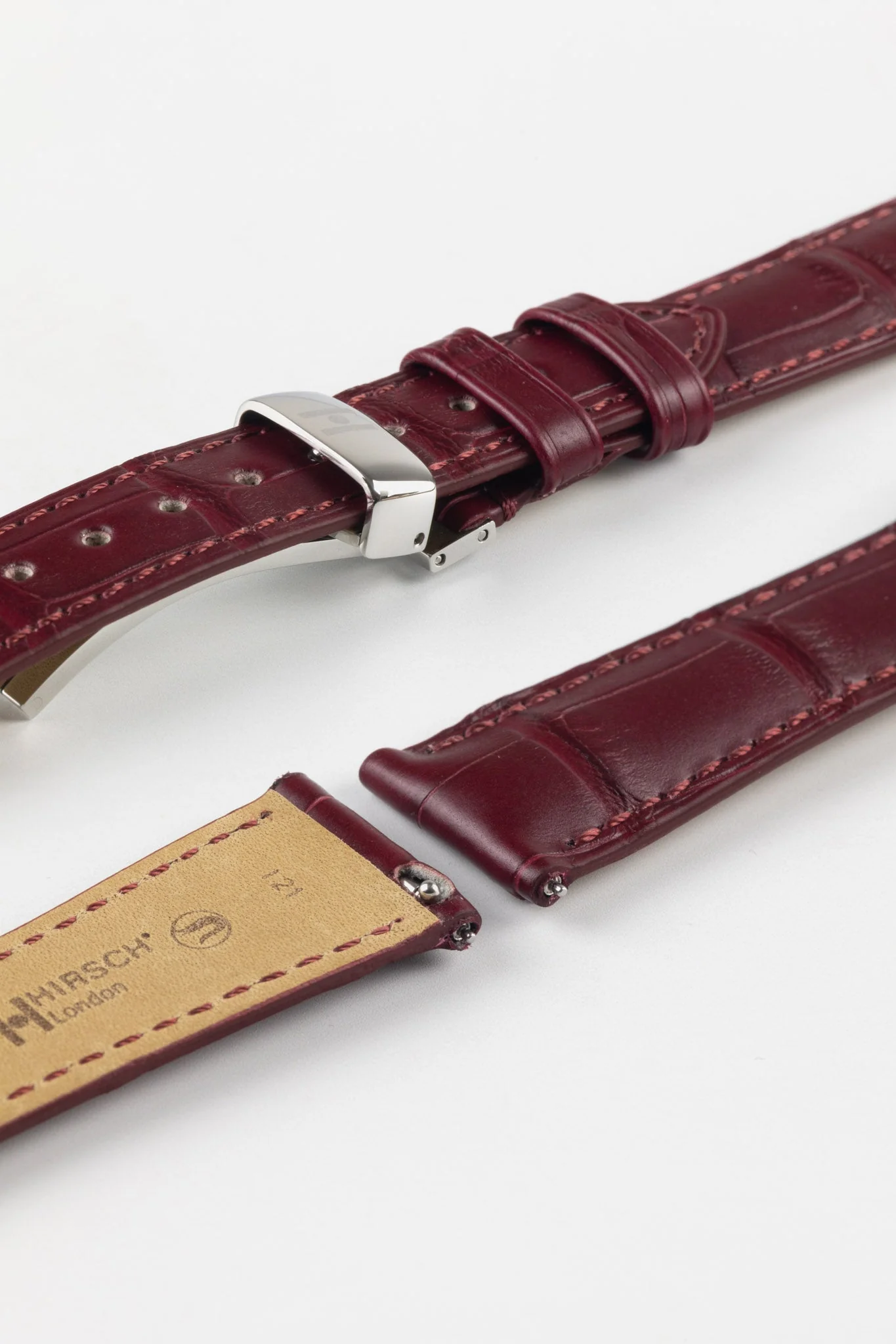 Hirsch LONDON Matt Alligator Leather Watch Strap in BURGUNDY - Image 10