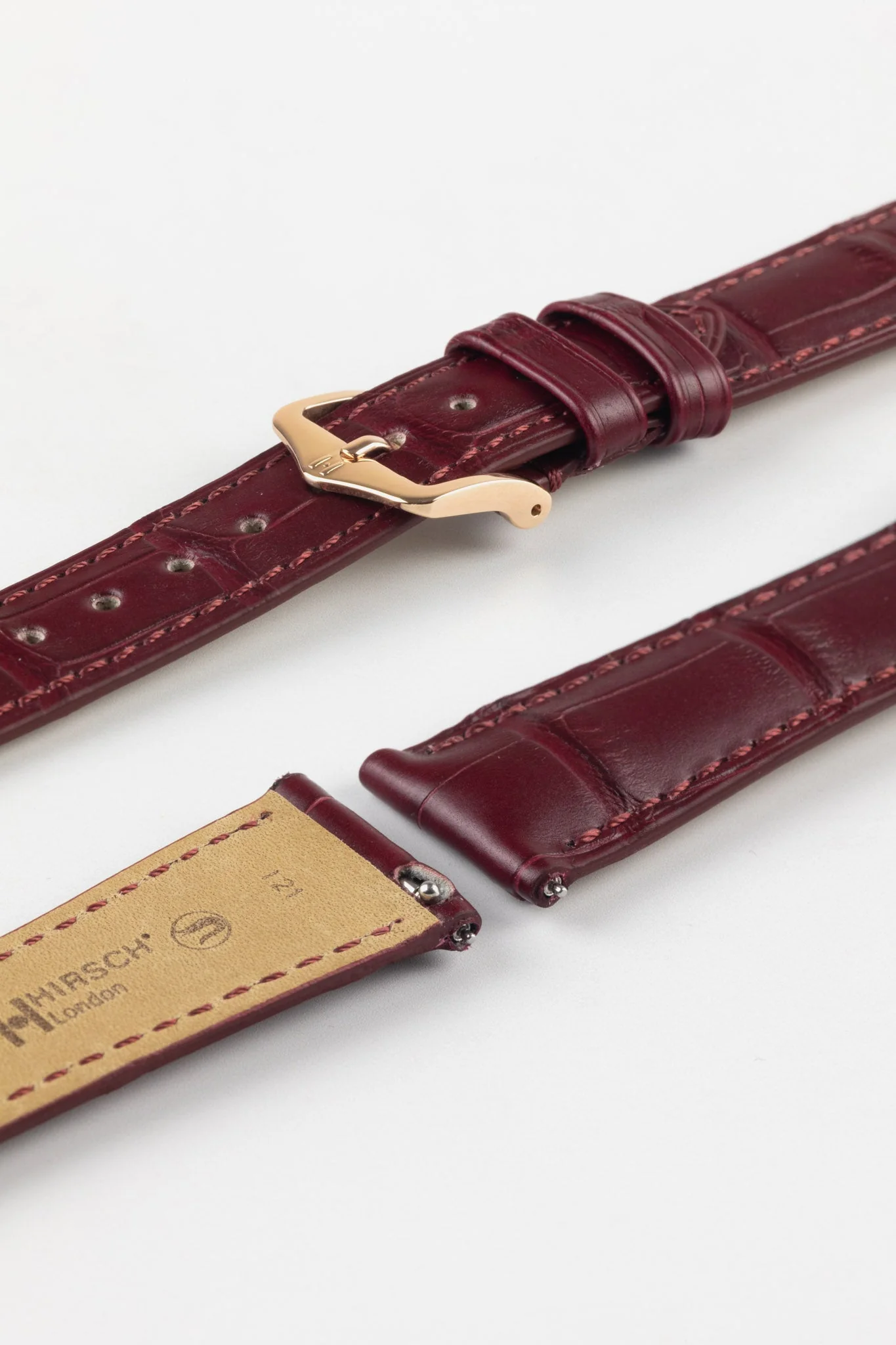 Hirsch LONDON Matt Alligator Leather Watch Strap in BURGUNDY - Image 8