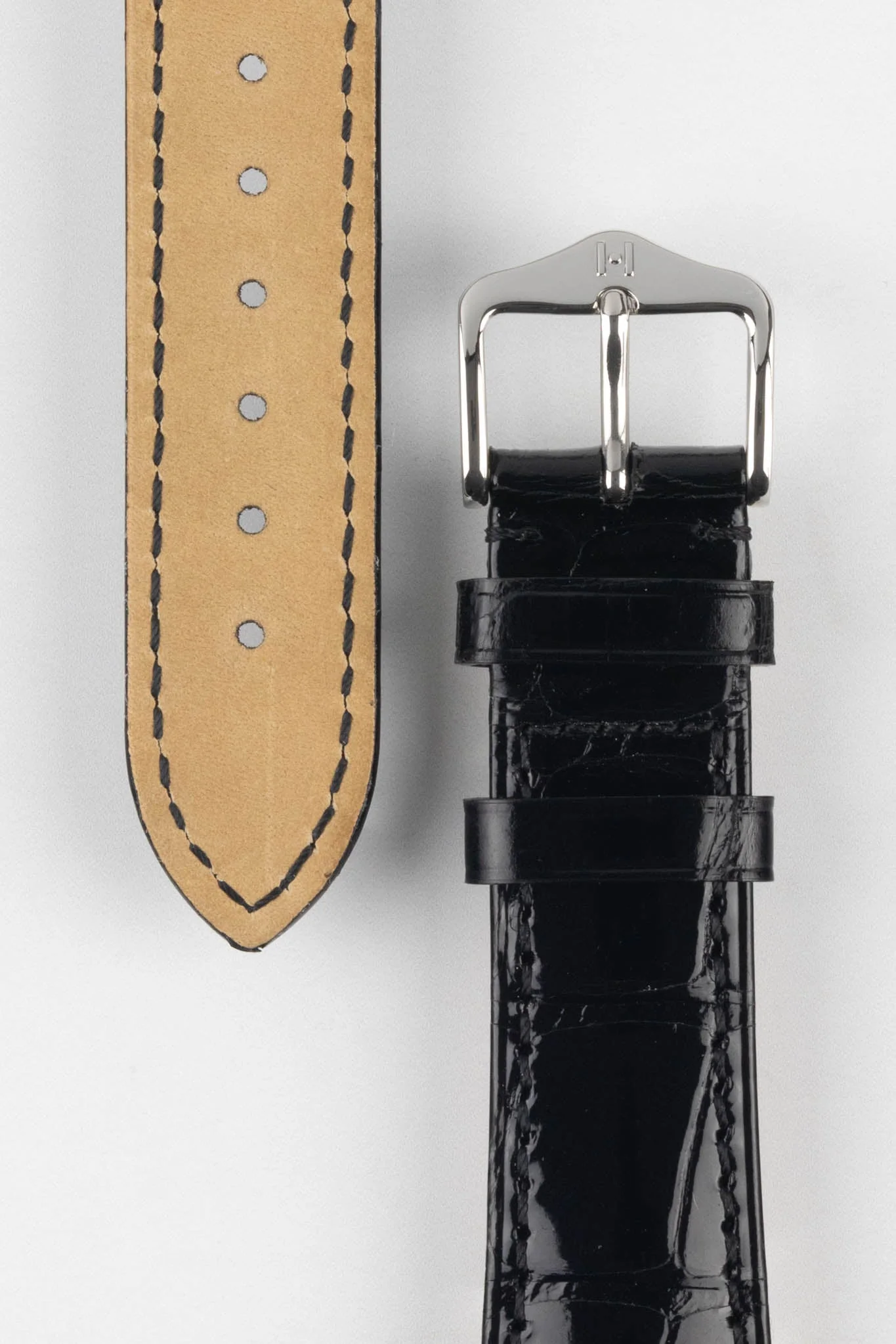 Hirsch LONDON Shiny Alligator Leather Watch Strap in BLACK - Image 3