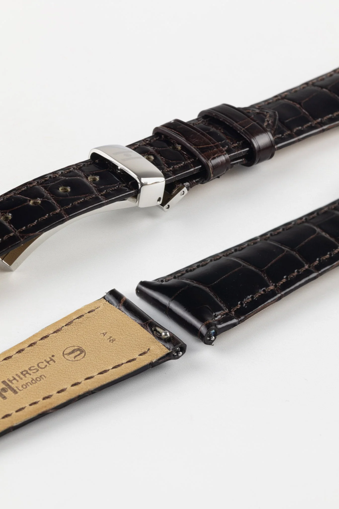 Hirsch LONDON Shiny Alligator Leather Watch Strap in BROWN - Image 10