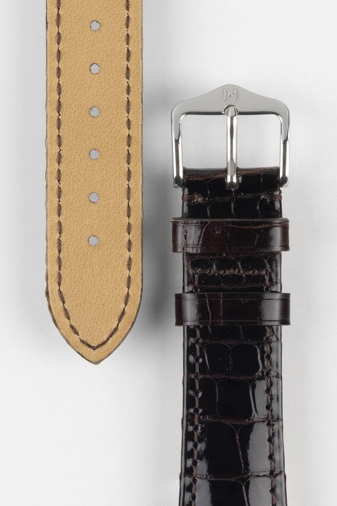 Hirsch LONDON Shiny Alligator Leather Watch Strap in BROWN - Image 3