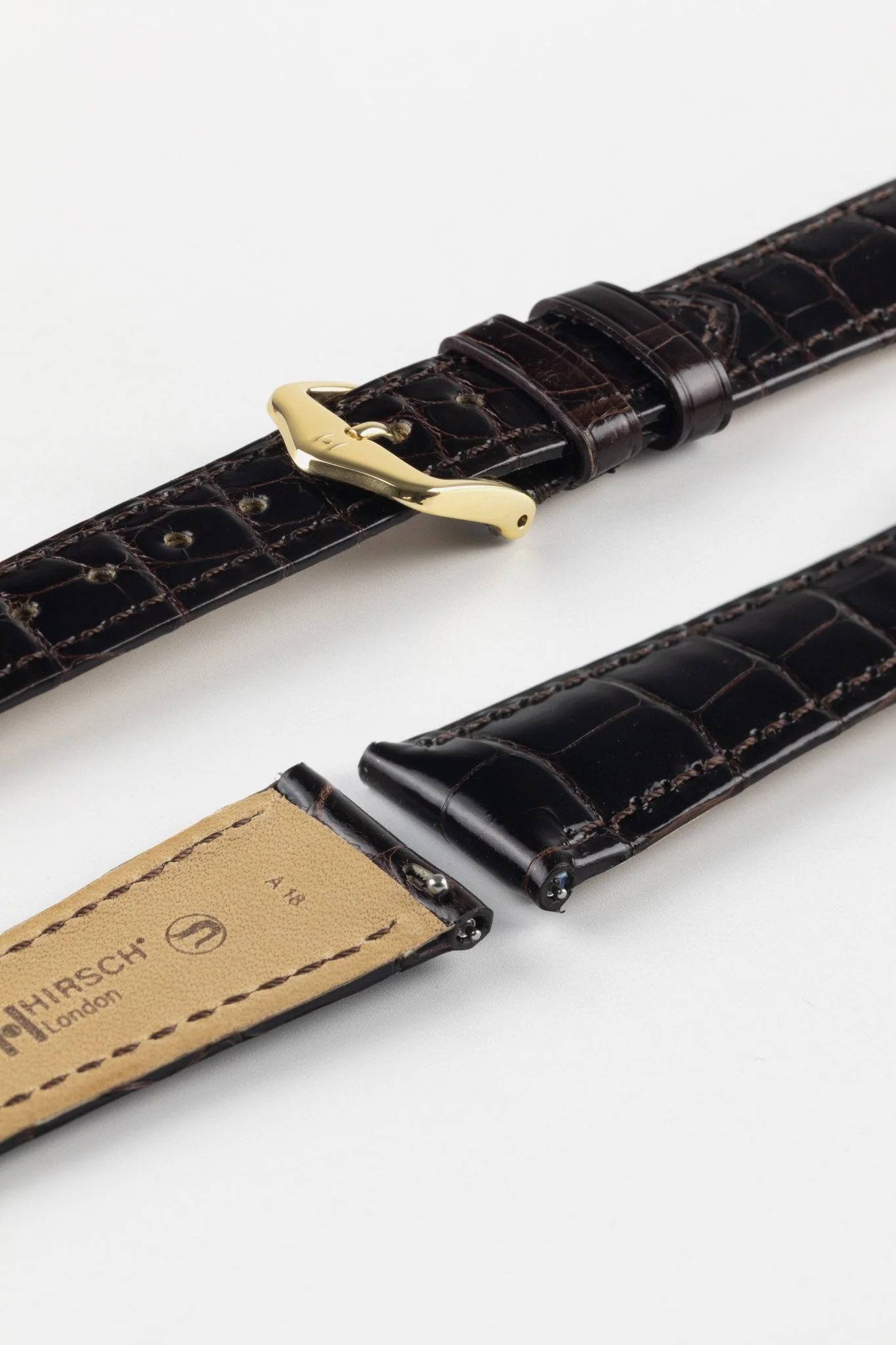 Hirsch LONDON Shiny Alligator Leather Watch Strap in BROWN - Image 6
