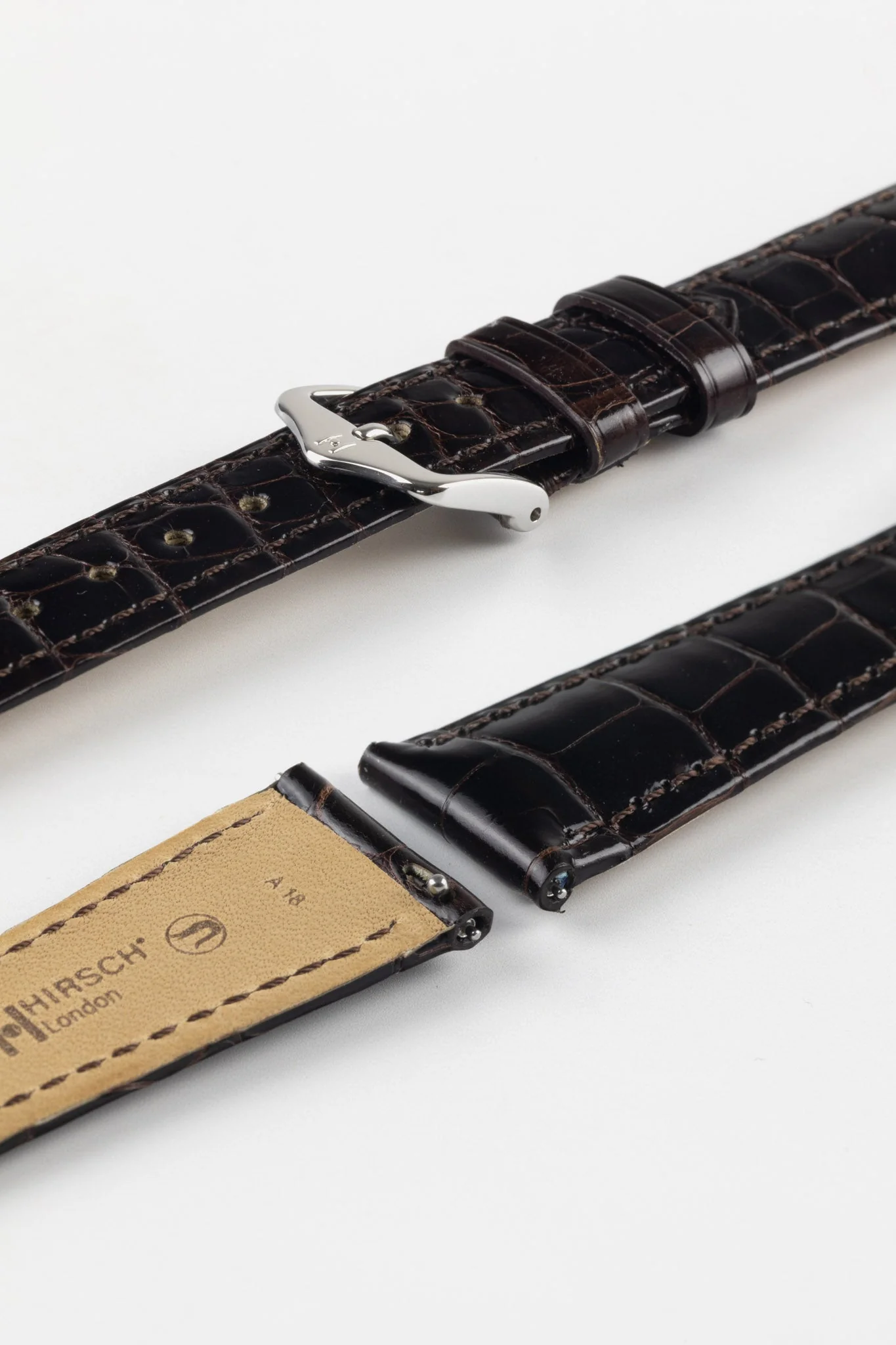 Hirsch LONDON Shiny Alligator Leather Watch Strap in BROWN - Image 7